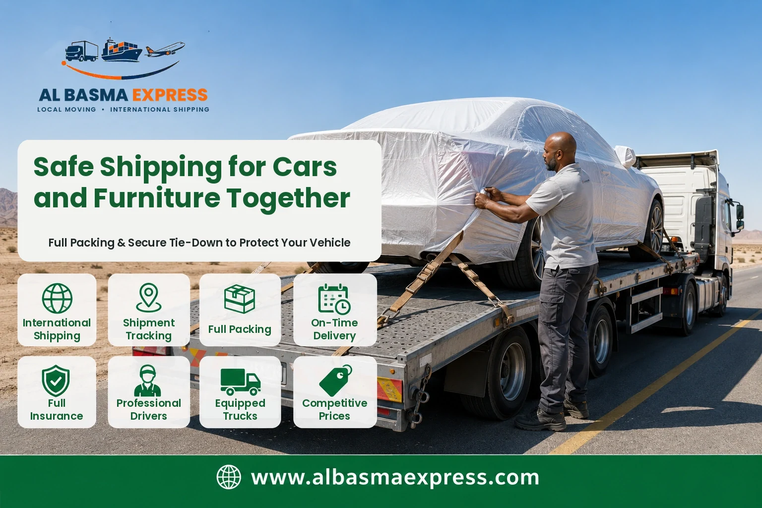 Covered car strapped onto a car carrier for shipping from the UAE to Saudi Arabia