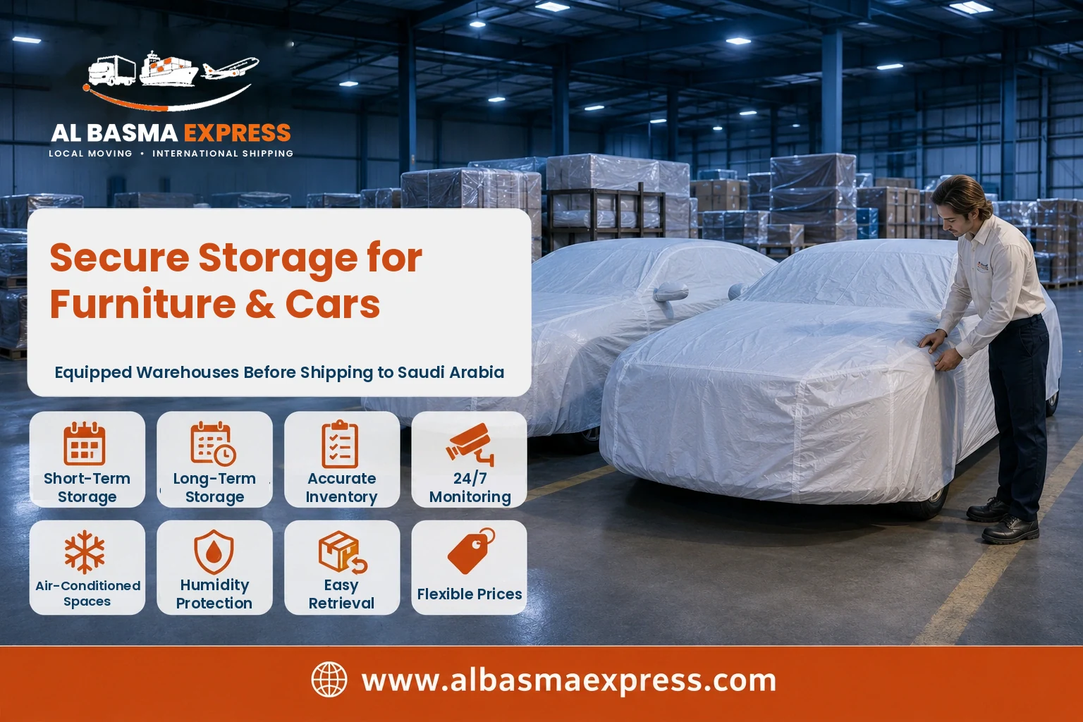 Covered cars in secure storage before shipping from the UAE to Saudi Arabia