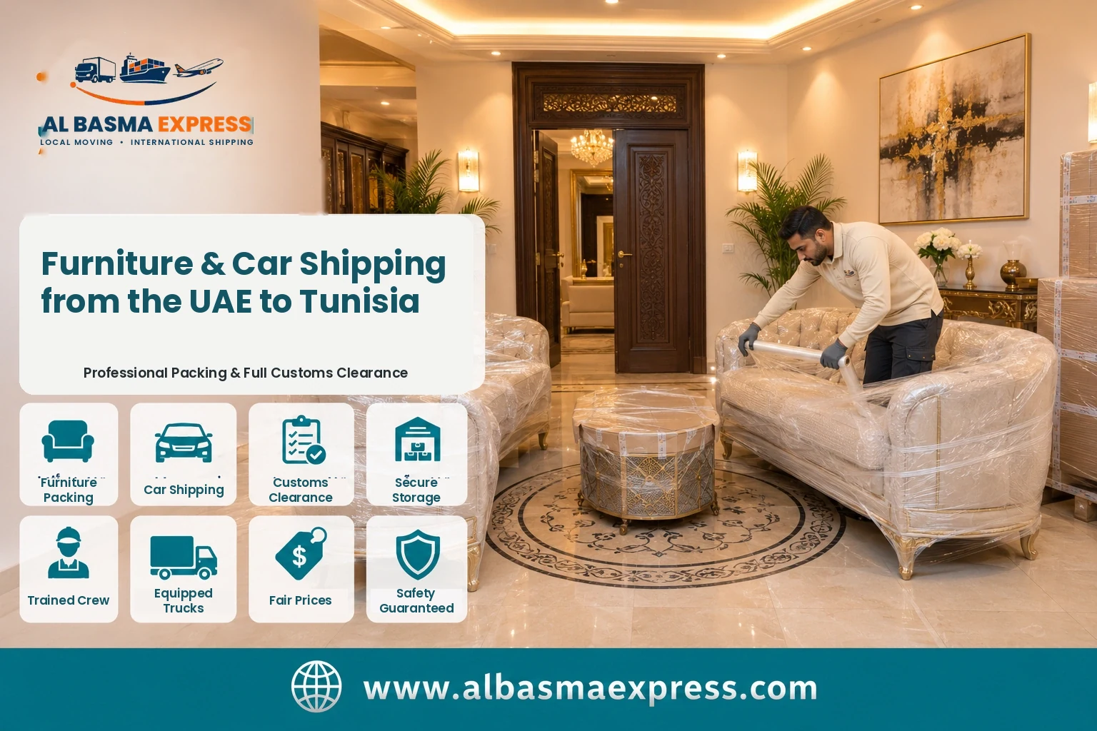 Sofa being wrapped for furniture shipping from the UAE to Tunisia