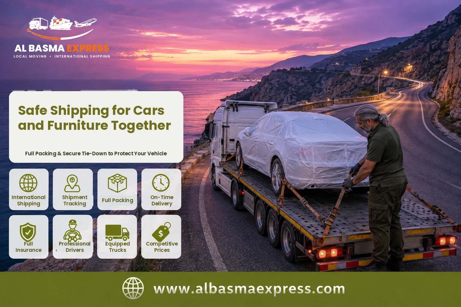 Covered car on a transporter along the coast road for shipping from the UAE to Tunisia