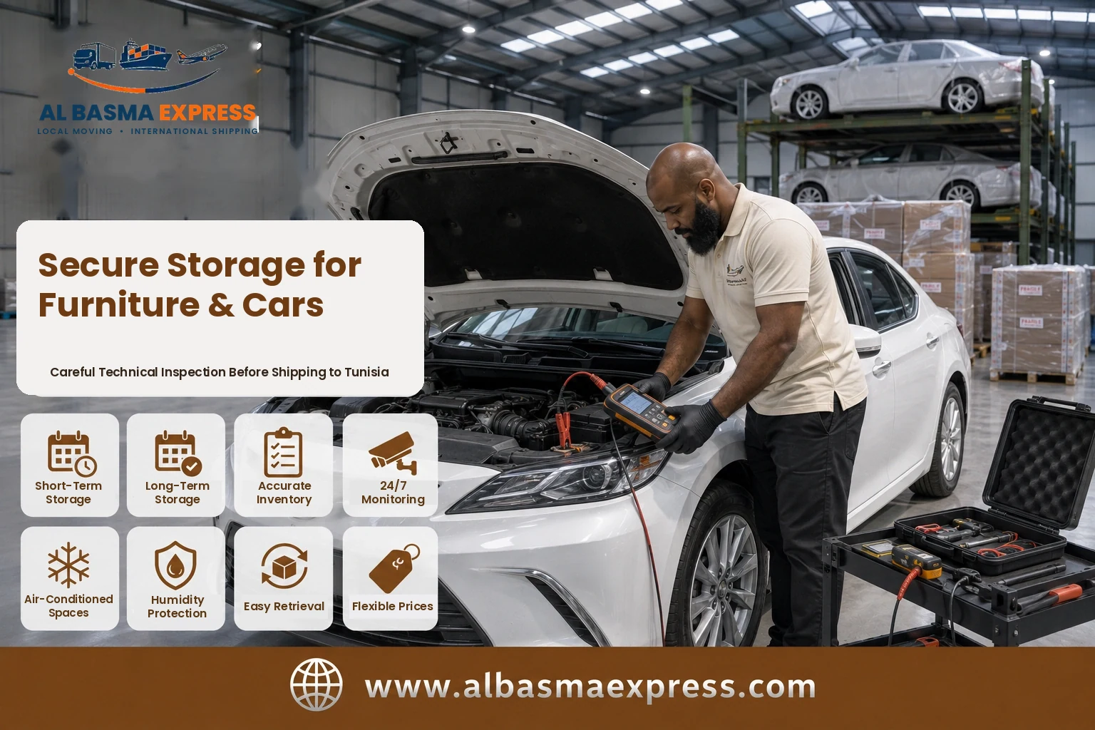 Car undergoing technical inspection in storage before shipping from the UAE to Tunisia