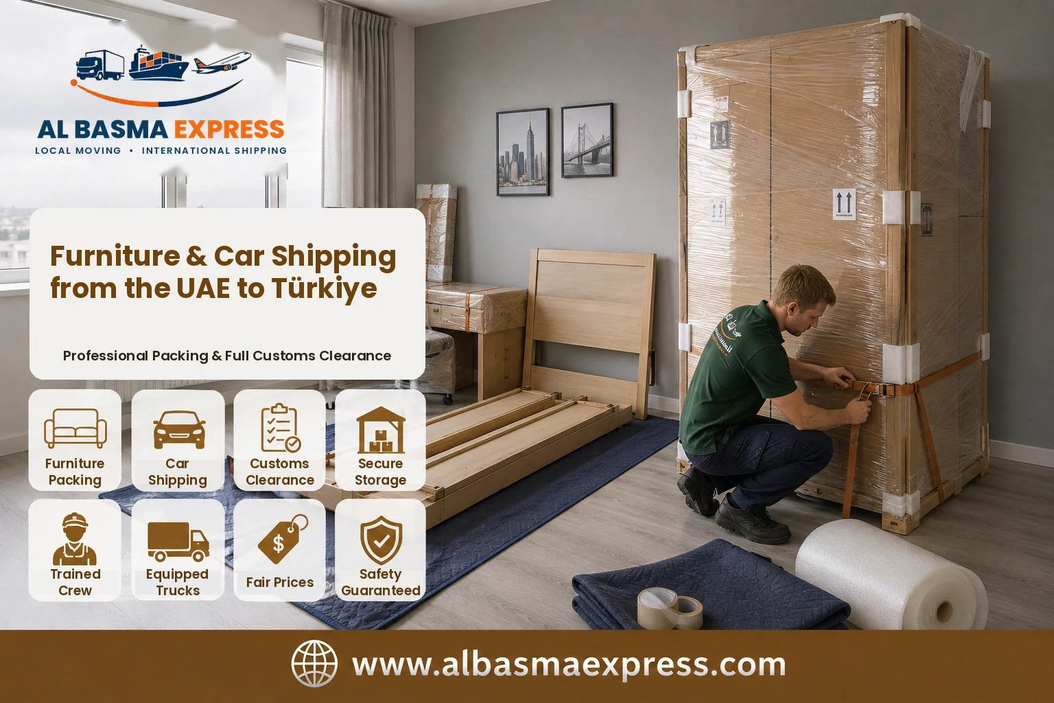 Wardrobe being wrapped and strapped for furniture shipping from the UAE to Türkiye