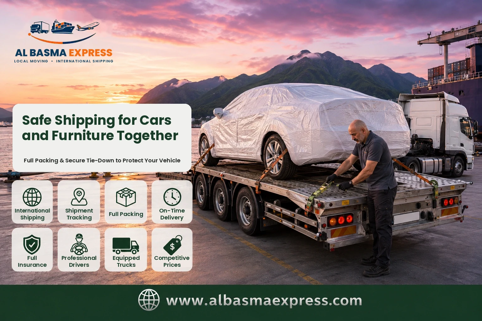 Covered car being strapped on a transporter at the port for shipping to Türkiye