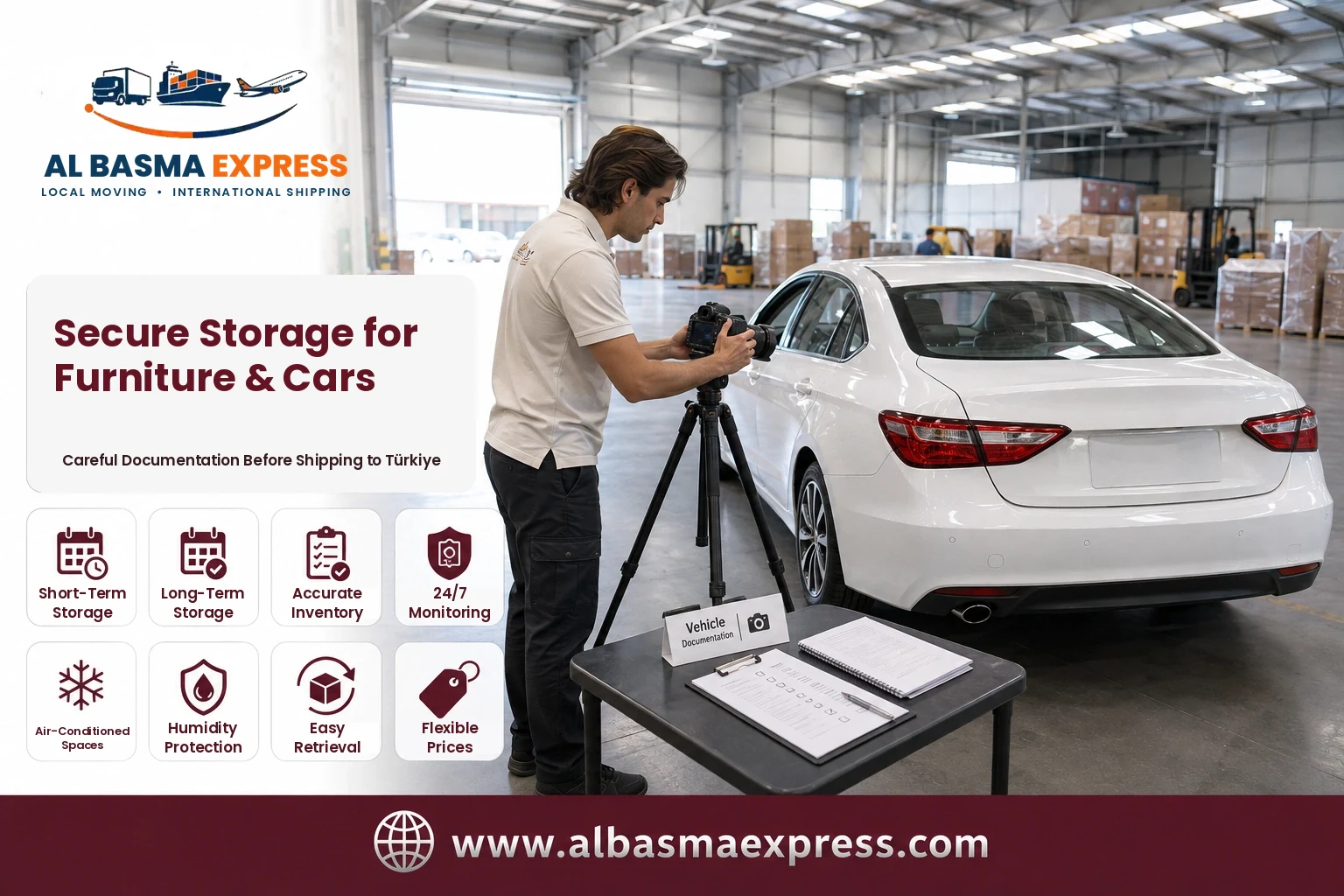 Vehicle condition being photographed in storage before shipping from the UAE to Türkiye