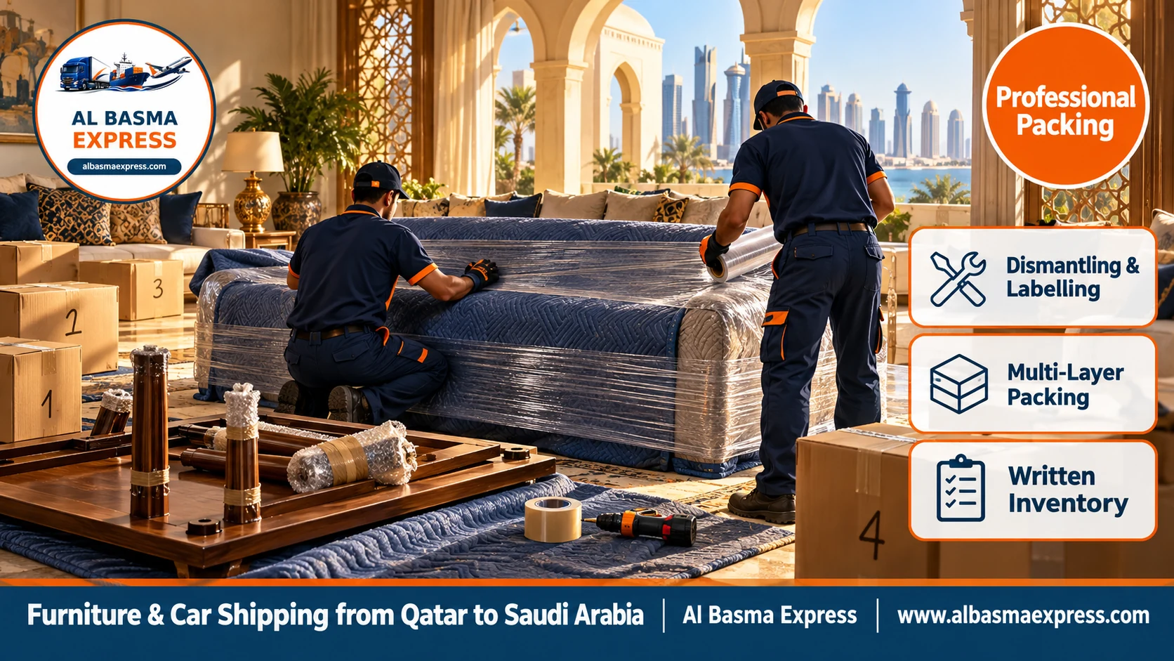 Packing majlis furniture in a Qatari villa before moving it to Saudi Arabia