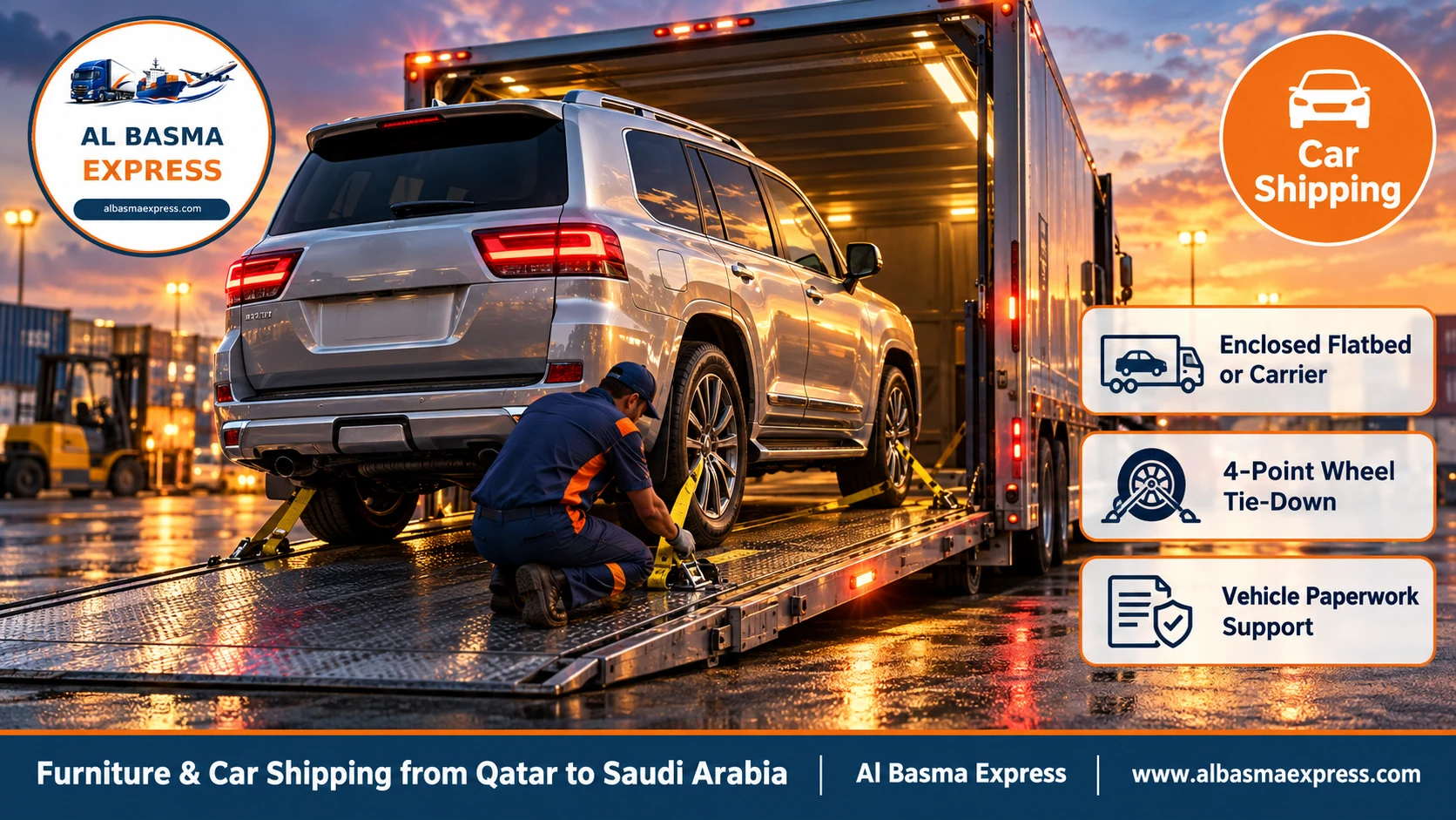 Loading a car onto an enclosed flatbed for shipping from Qatar to Saudi Arabia