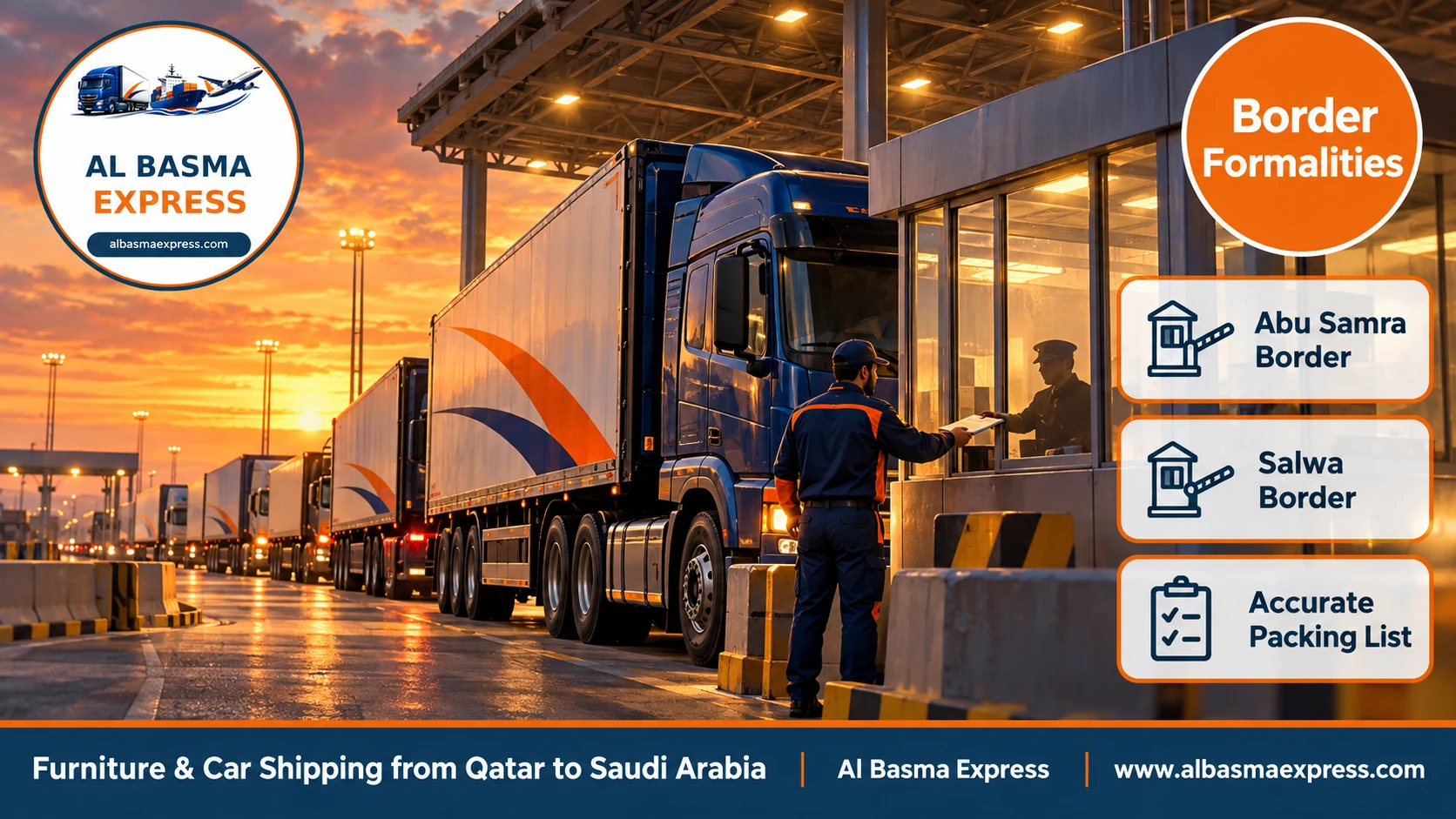 Moving trucks at a border customs plaza between Qatar and Saudi Arabia
