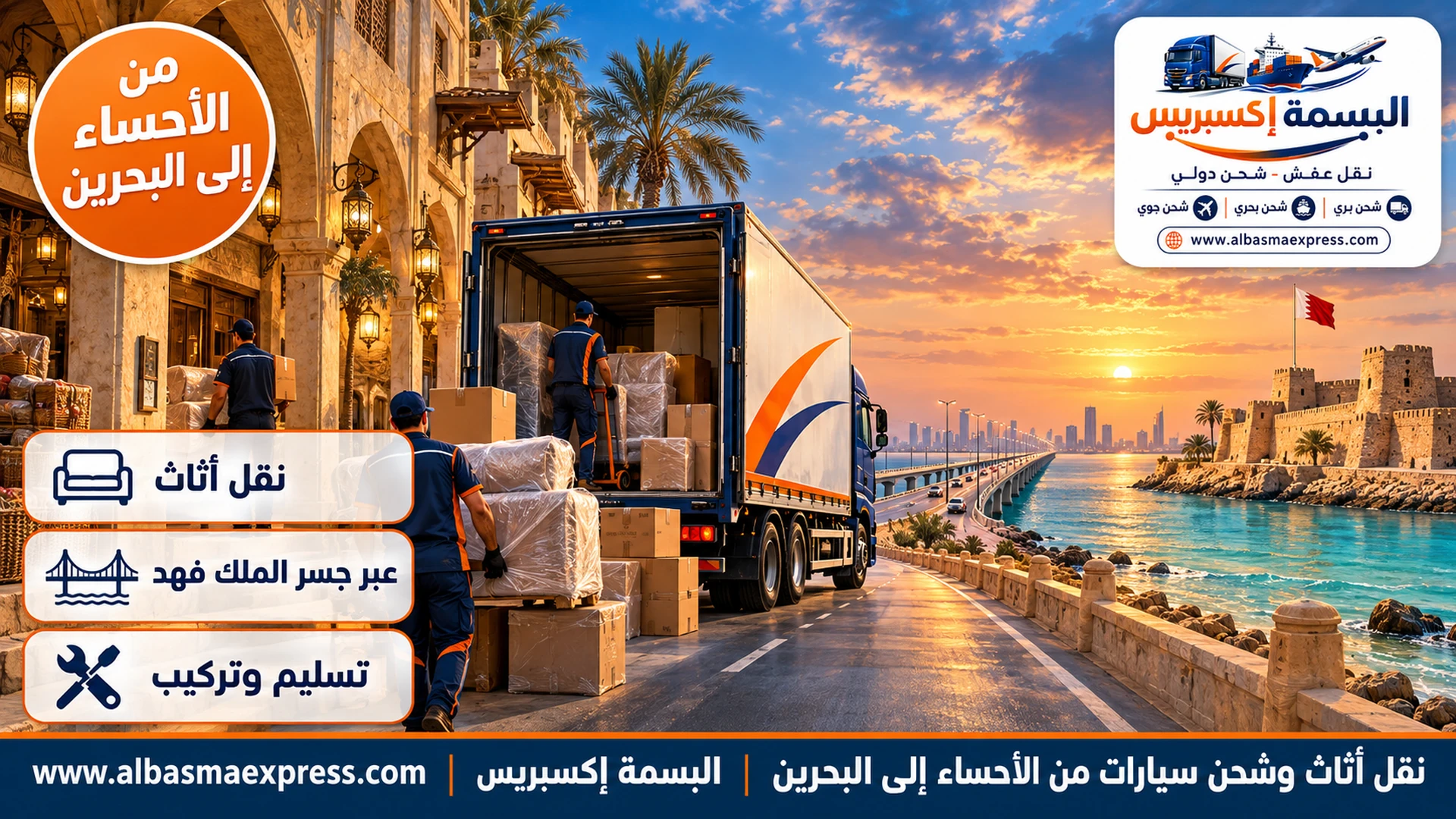 نقل أثاث وشحن سيارات من الأحساء إلى البحرين: أثاث بيتك الأحسائي عبر جسر الملك فهد في يوم واحد