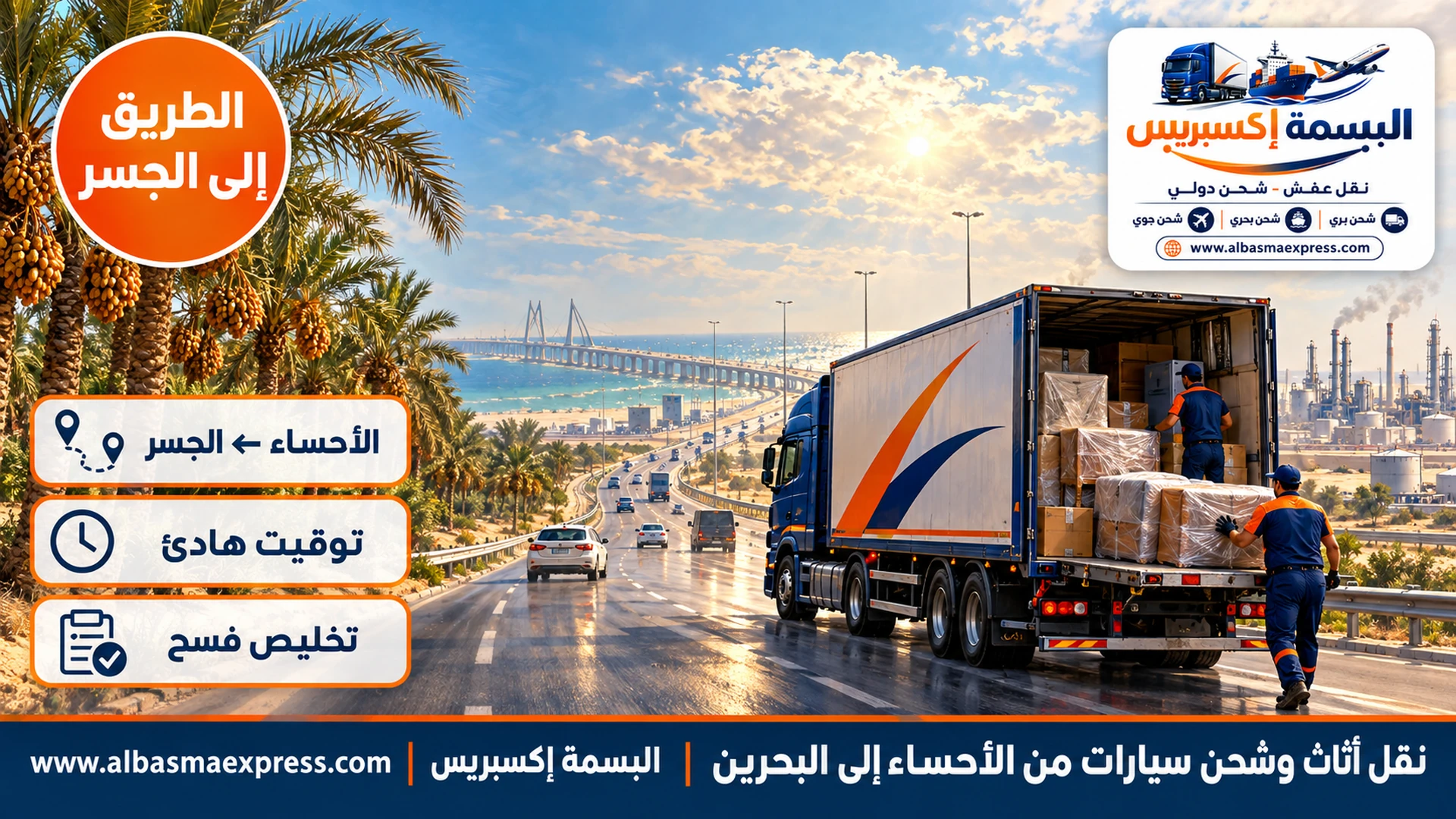 طريق سريع بين الأحساء والخبر يمر بمزارع نخيل ثم مناطق صناعية بمداخن بعيدة عند الظهيرة وشاحنة كحلية في المسار الأيمن