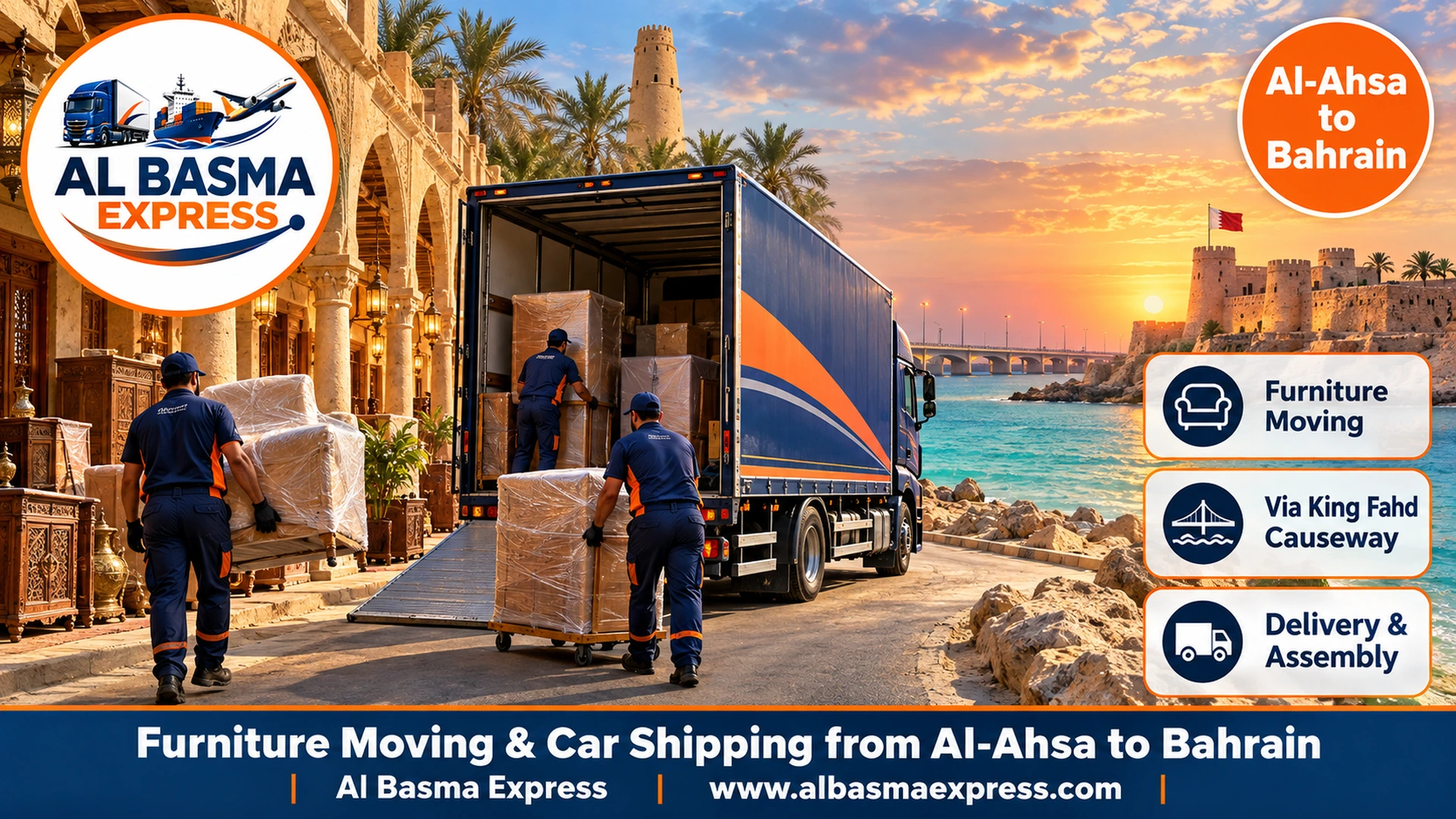 Furniture Moving & Car Shipping from Al-Ahsa to Bahrain | Your Al-Ahsa Home Across the King Fahd Causeway in a Day