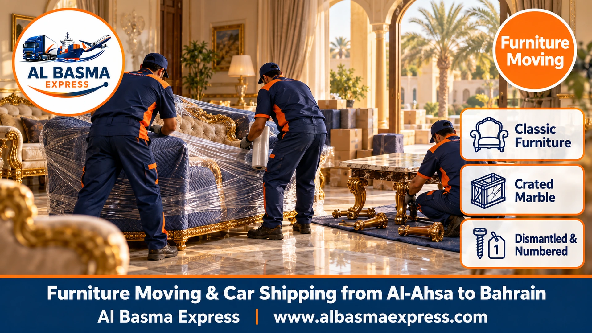 Two workers wrapping a gilded classic sofa in blankets and film while a third removes the legs of a marble table in an Al-Ahsa villa living room