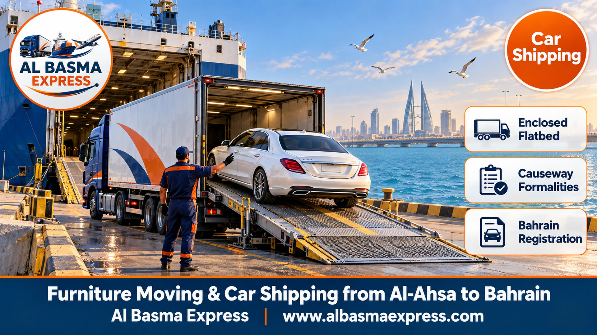 A luxury white sedan on an enclosed hydraulic flatbed climbing the sea causeway ramp in the morning with a calm blue sea