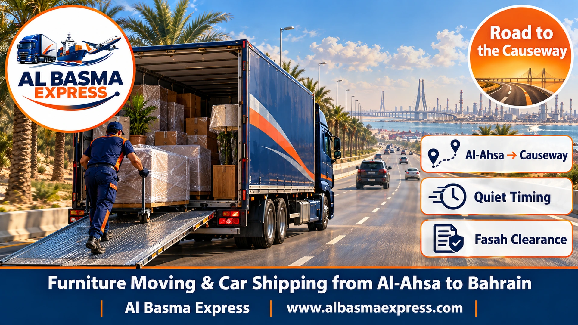 A highway between Al-Ahsa and Al Khobar passing palm farms and then industrial areas with distant chimneys at midday with a navy truck in the right lane