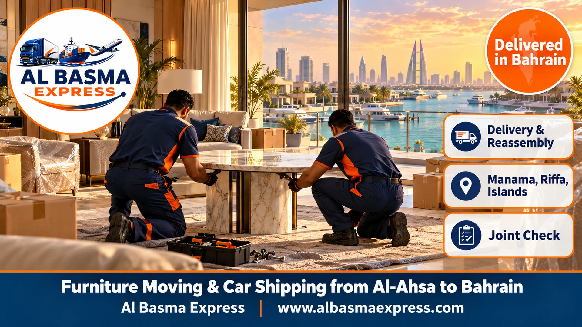 Two workers assembling a marble table in the living room of a modern villa on a residential island in Bahrain overlooking a canal and small boats