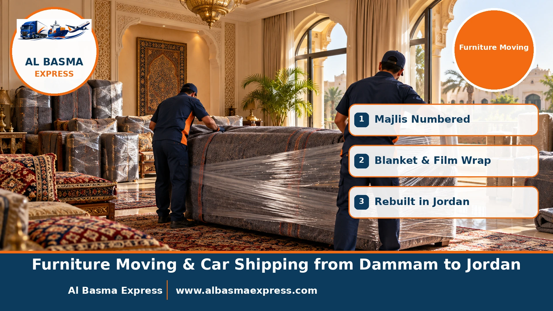 Wrapping a large sofa in blankets and stretch film and numbering luxury majlis pieces in a Dammam villa