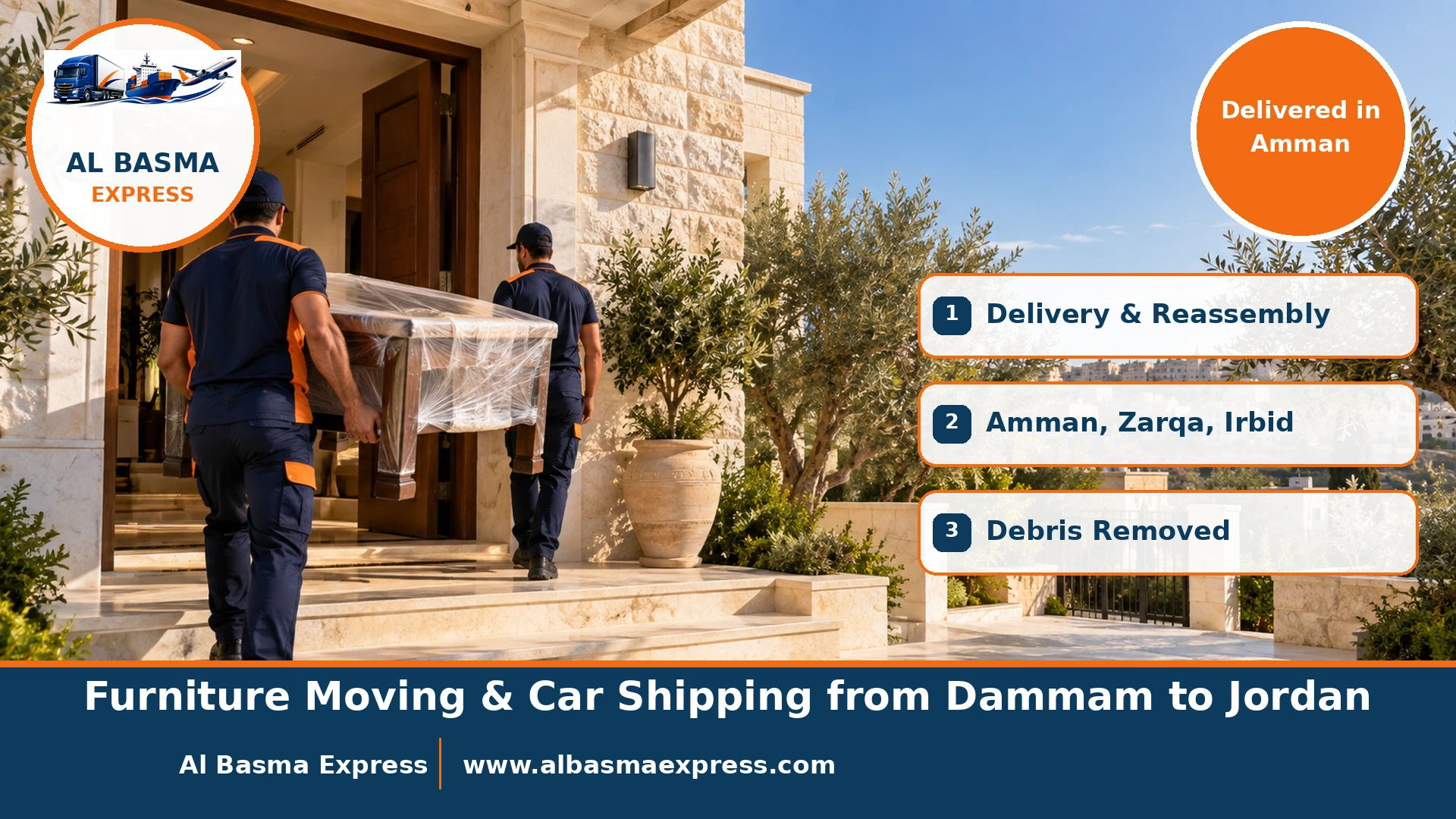 Two workers carrying a wrapped dining table into a two-storey white stone house with olive trees in Amman