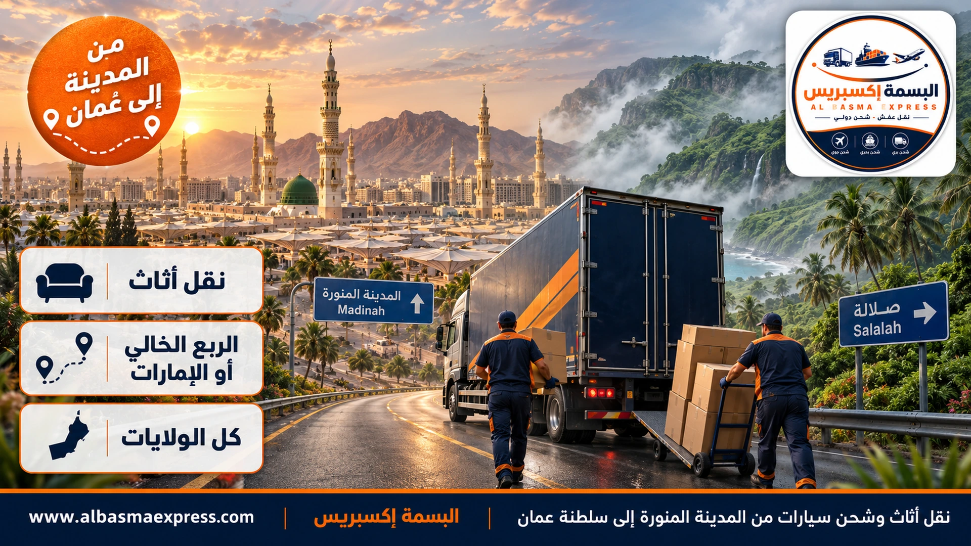 نقل أثاث وشحن سيارات من المدينة المنورة إلى سلطنة عمان: 2,300 كيلومتر من بابك إلى بابك حتى الجبل الأخضر