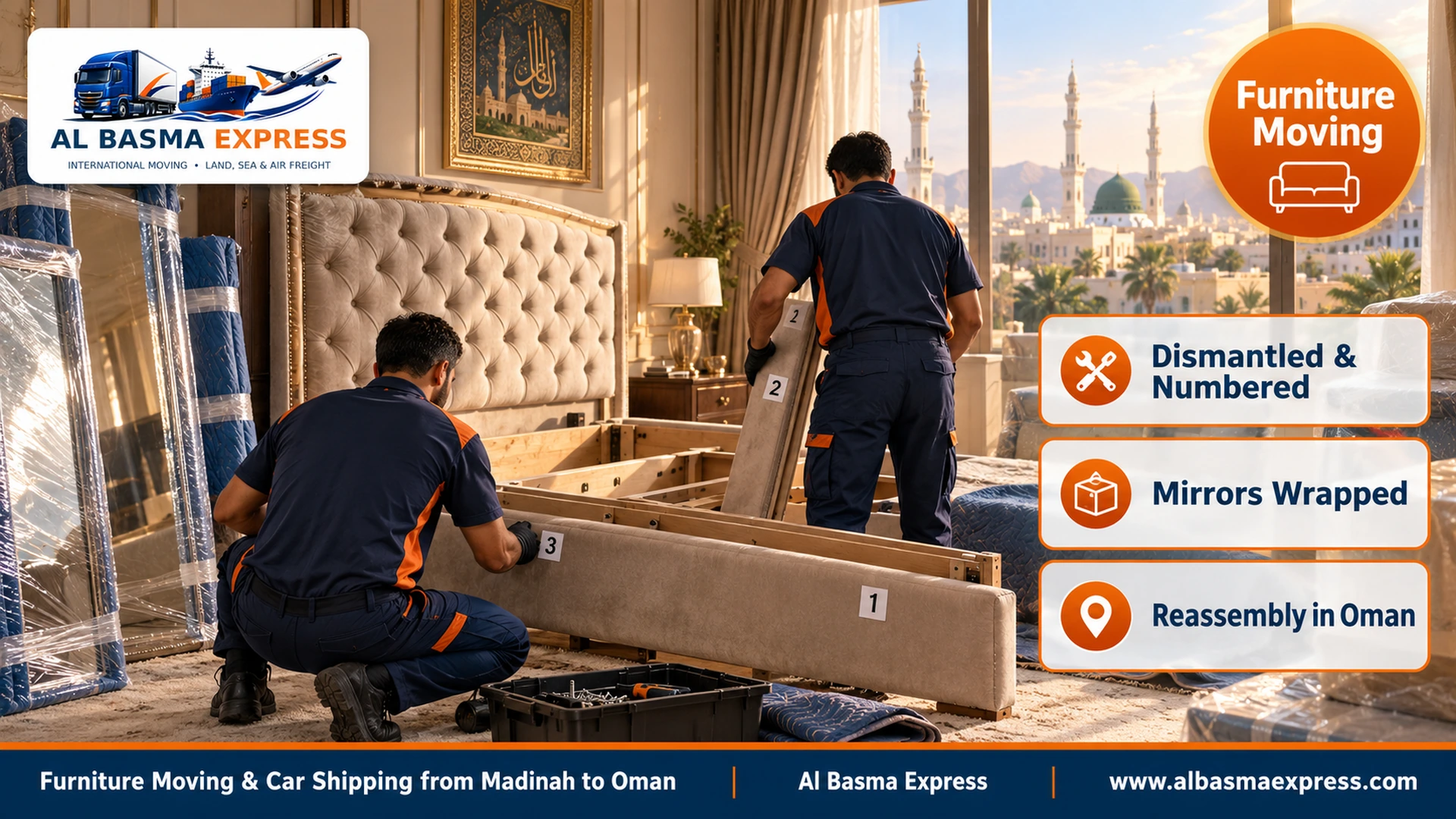 Two workers dismantling a large bed with a padded headboard and numbering its parts in a master bedroom of a villa in the Quba district of Madinah, with wrapped mirrors leaning nearby
