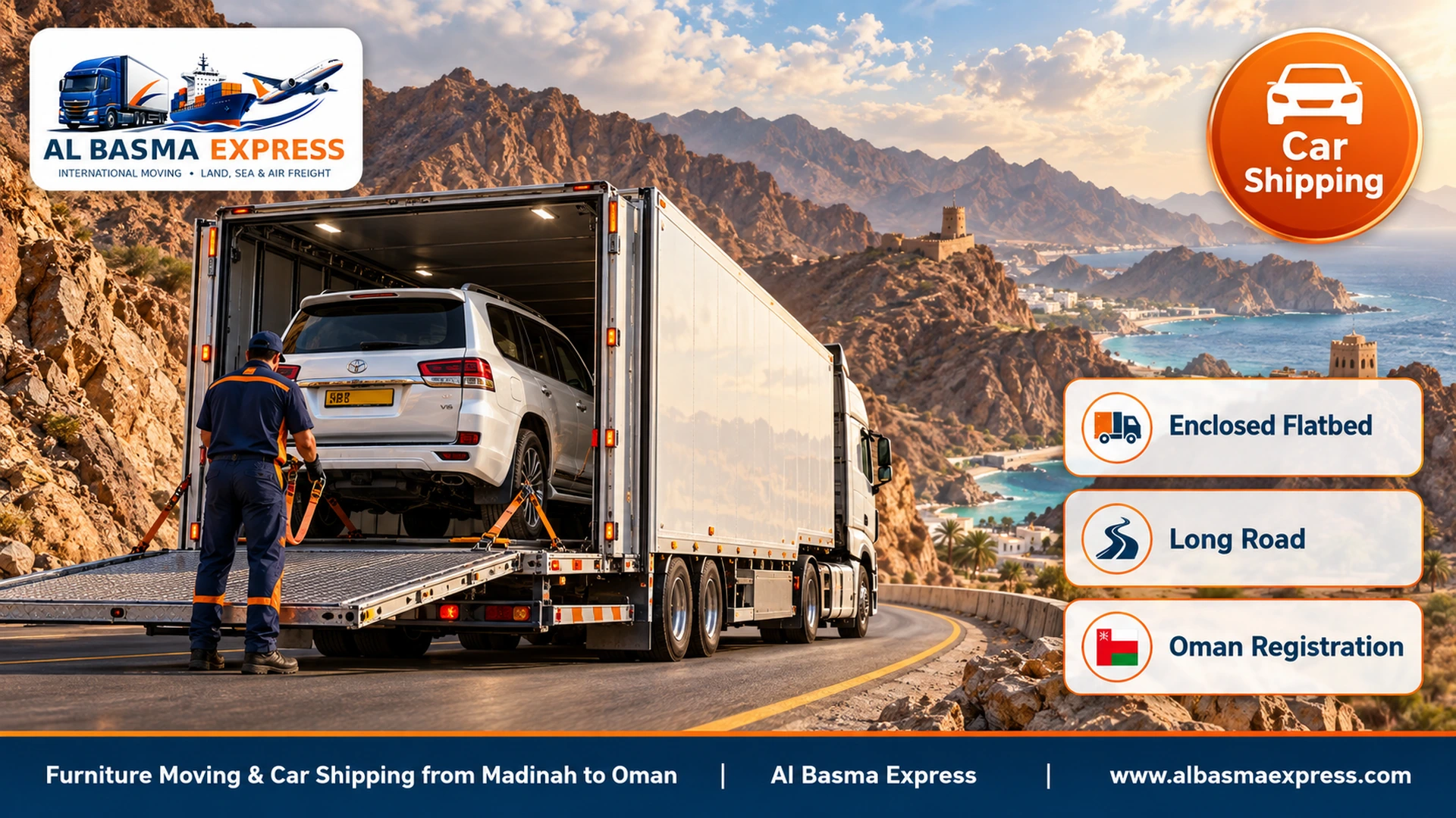 A large white SUV on an enclosed flatbed driving a winding mountain road in Oman between brown rocks in the afternoon