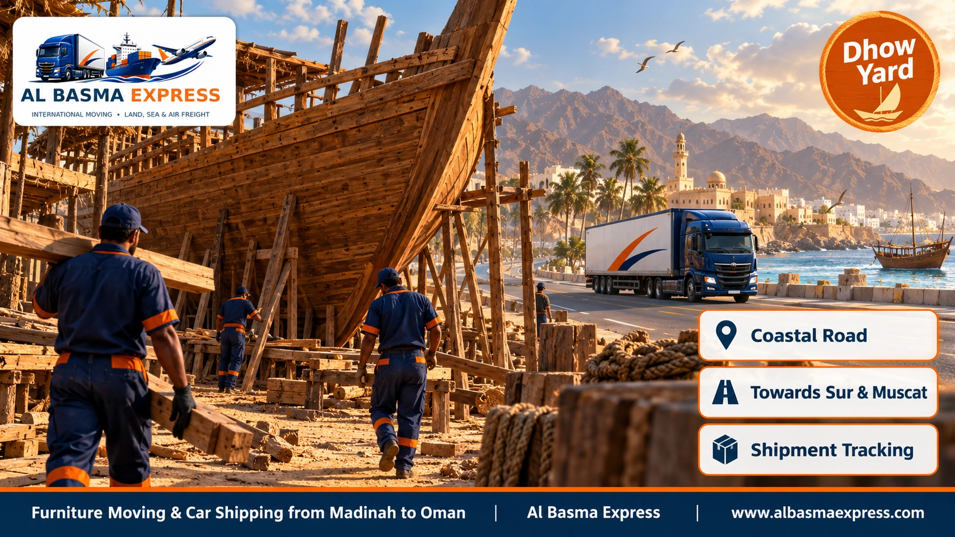 A traditional wooden dhow-building yard on the beach of a coastal Omani town with a large unfinished hull and a navy truck passing on the adjacent road in the morning