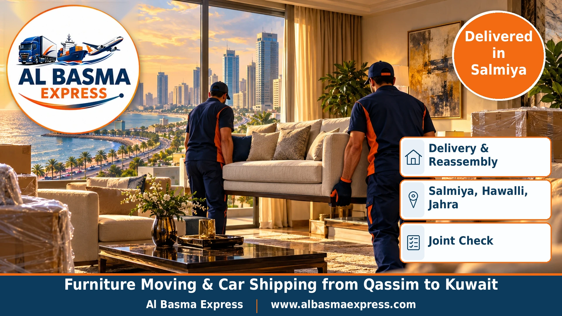 Two workers assembling majlis seating in the living room of a Salmiya tower apartment with a window overlooking the corniche