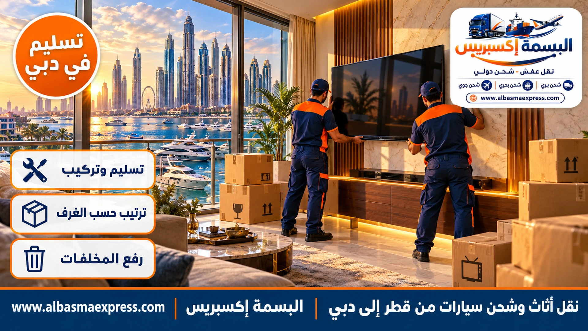 تركيب رف تلفاز في شقة ببرج على مرسى بحري في دبي بعد نقل الأثاث من قطر