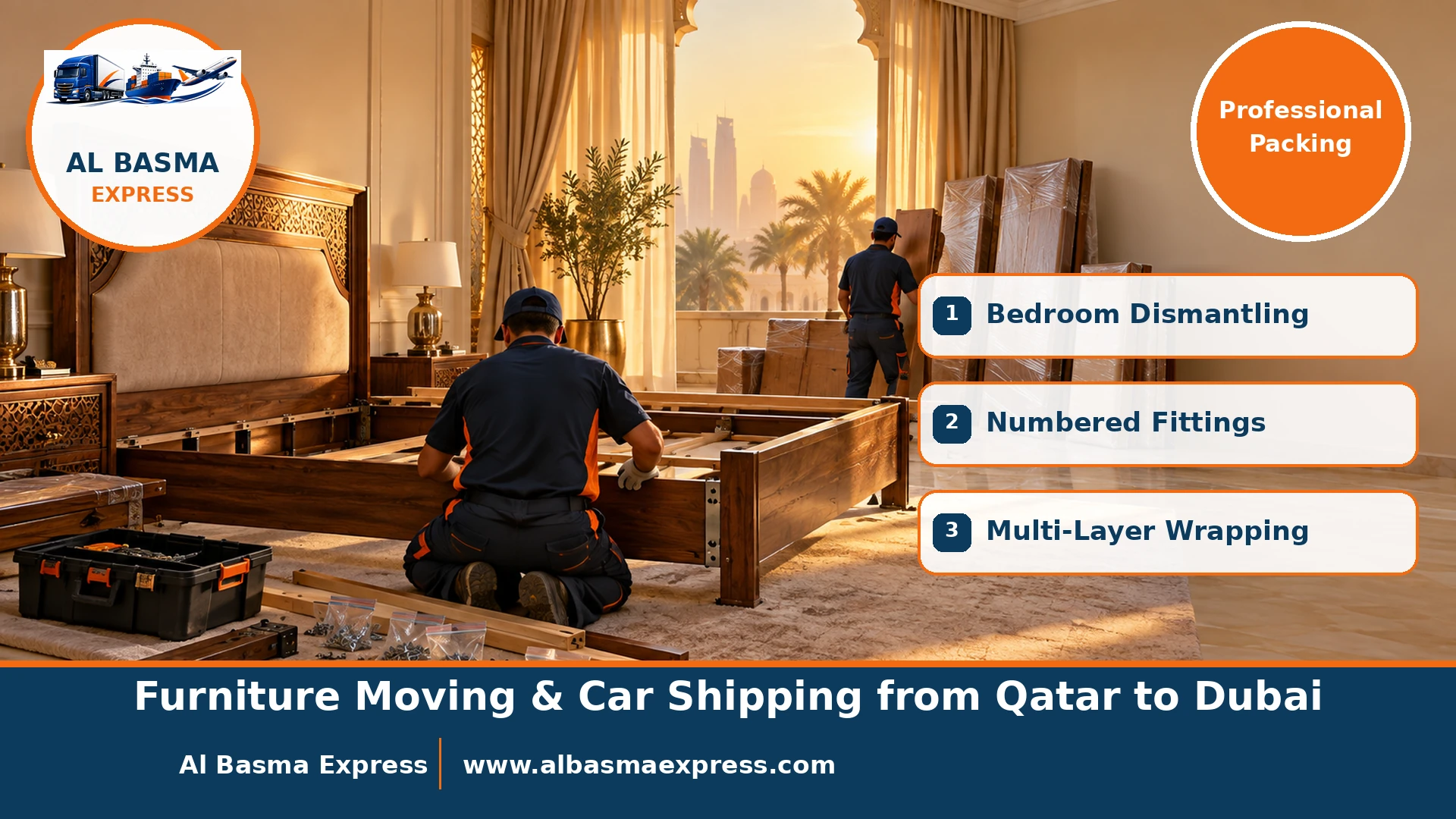 Dismantling a wooden bed and bagging numbered screws in a Qatari villa before moving furniture to Dubai