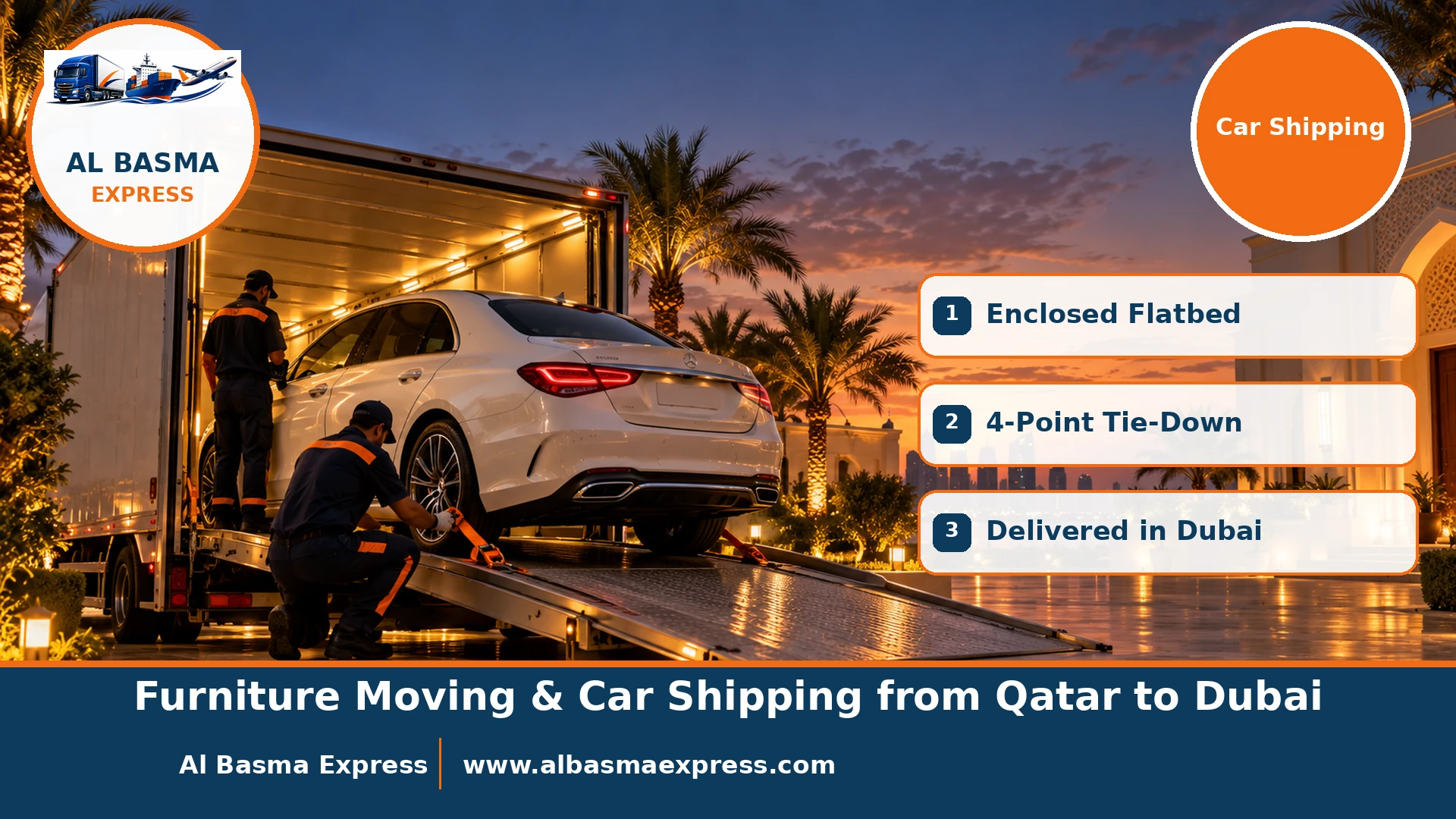 Loading a luxury sedan onto an enclosed flatbed outside a villa in Qatar for shipping to Dubai