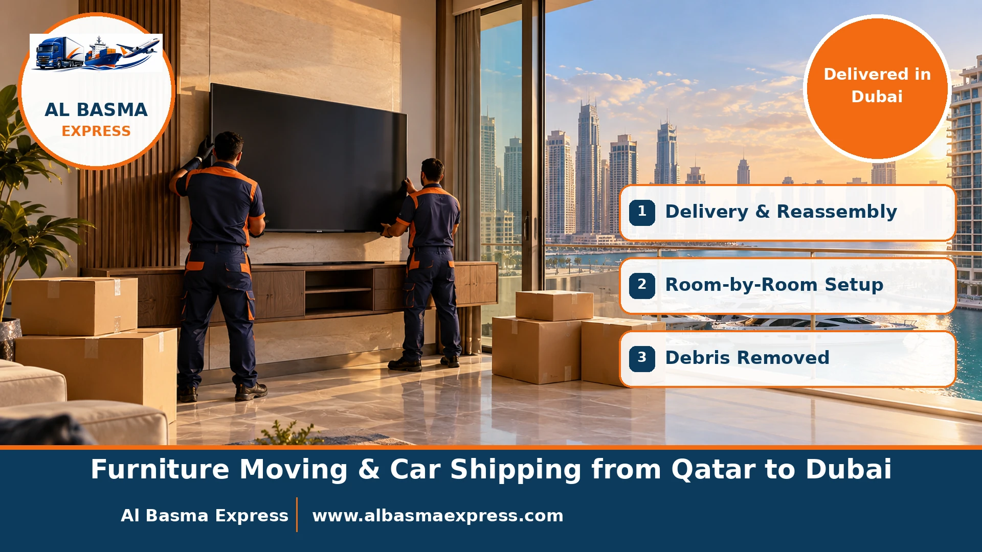 Installing a TV unit in a Dubai marina tower apartment after moving furniture from Qatar