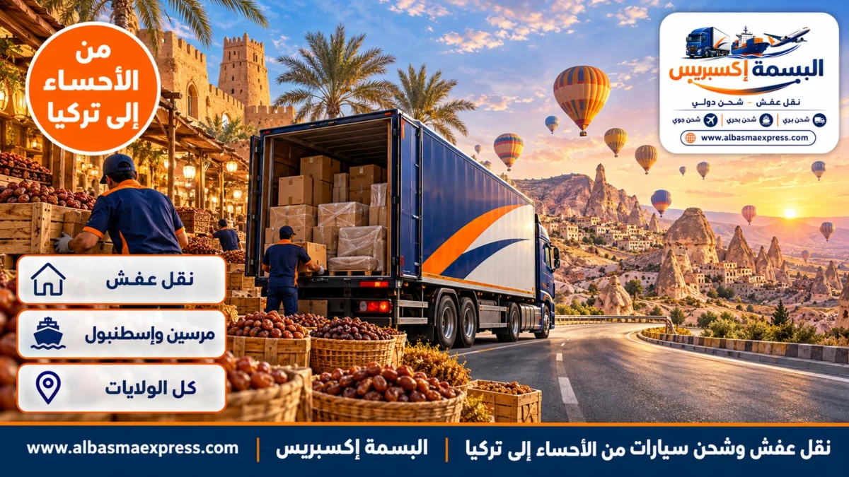 نقل عفش وشحن سيارات من الأحساء إلى تركيا: فرز ذكي وحاوية إلى مرسين وإسطنبول والبحر الأسود