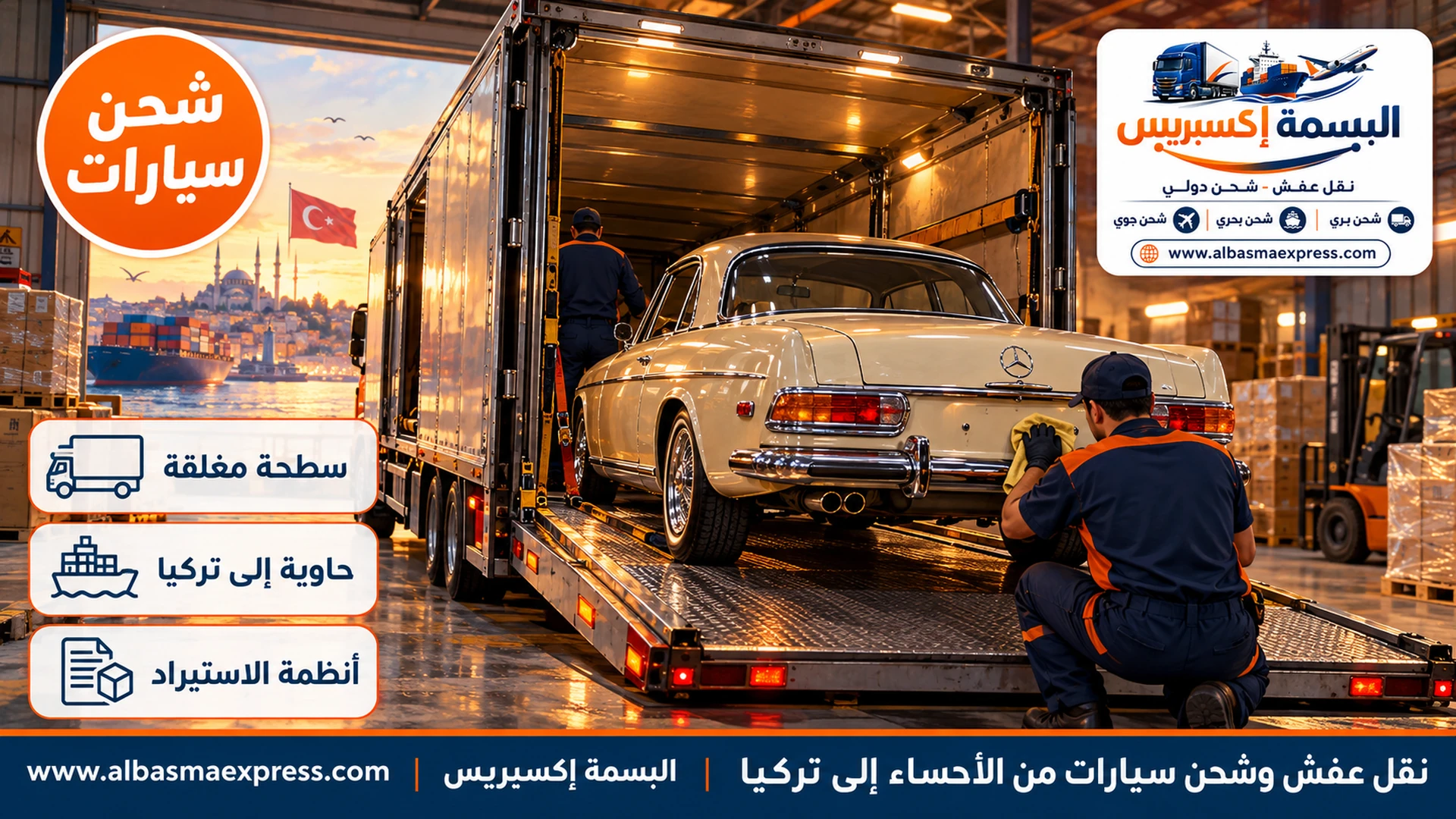 سيارة كلاسيكية قديمة بلون كريمي مثبتة على سطحة مغلقة داخل مستودع بإضاءة دافئة وعامل يلمع مصابيحها