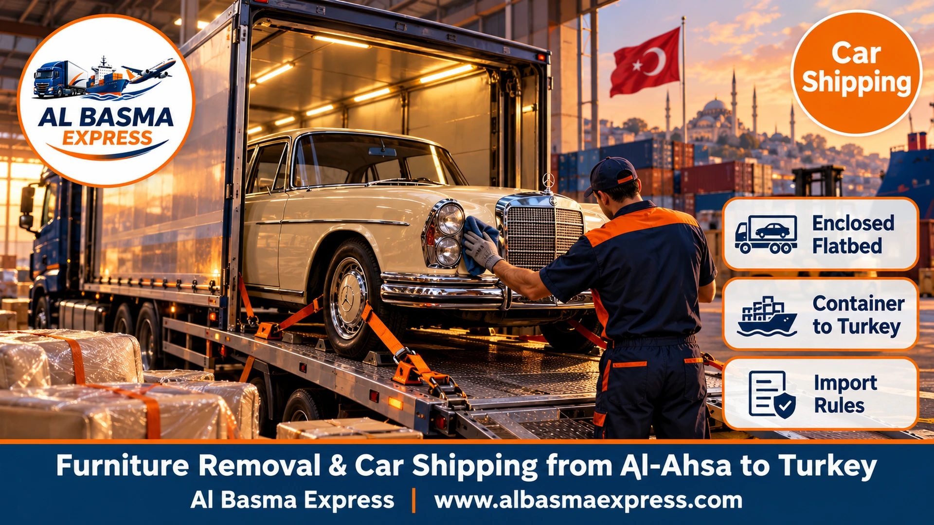 A cream-coloured vintage car secured on an enclosed flatbed inside a warmly lit warehouse with a worker polishing its lamps