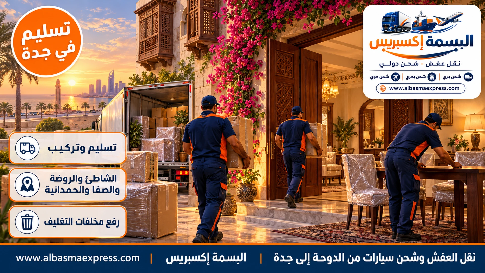 فريق يحمل كراتين مرقمة إلى بيت بطابع حجازي معاصر في جدة ويركب طاولة طعام