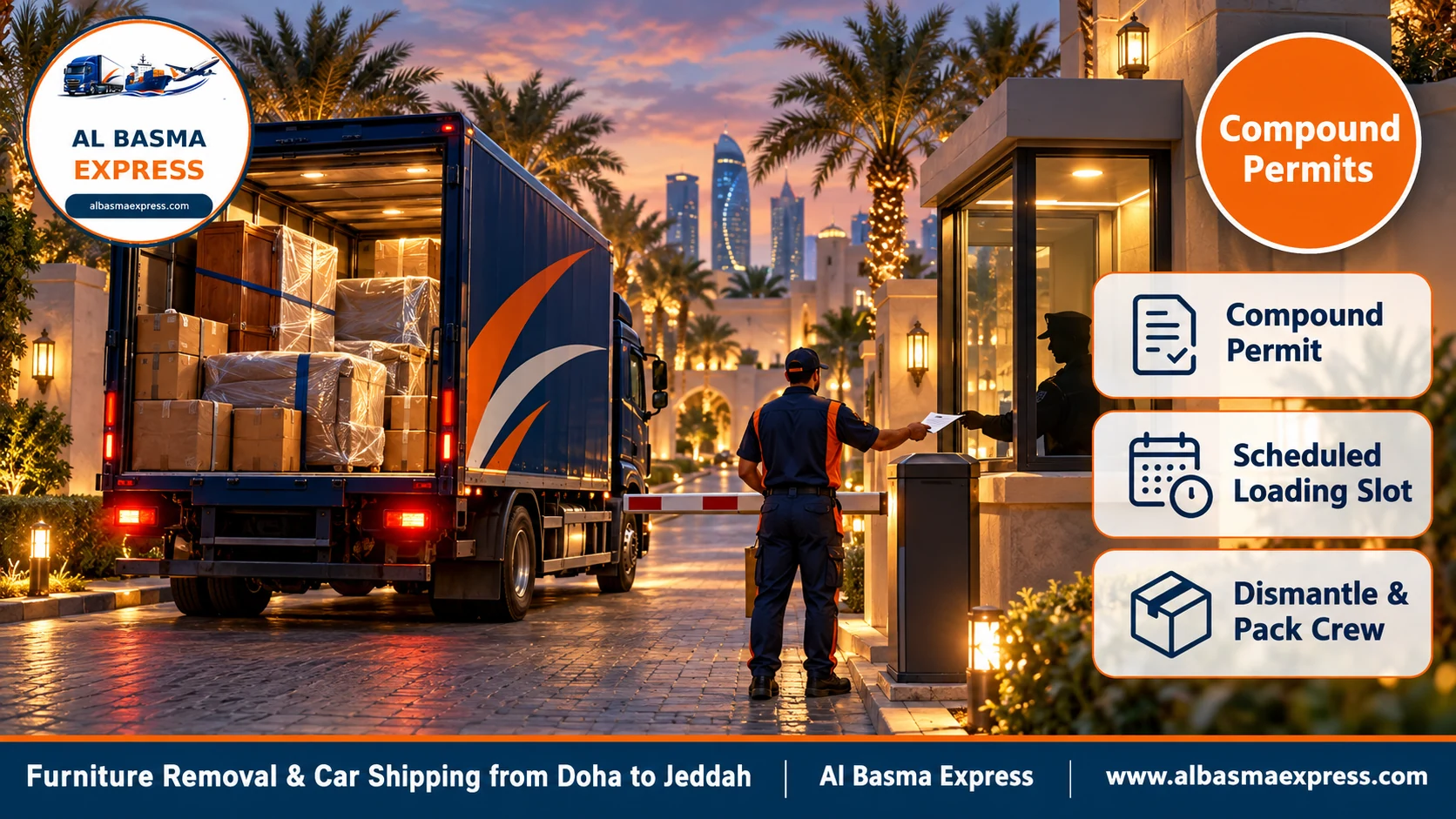 A moving truck at the gate of a residential compound in Doha while the entry permit is handed over