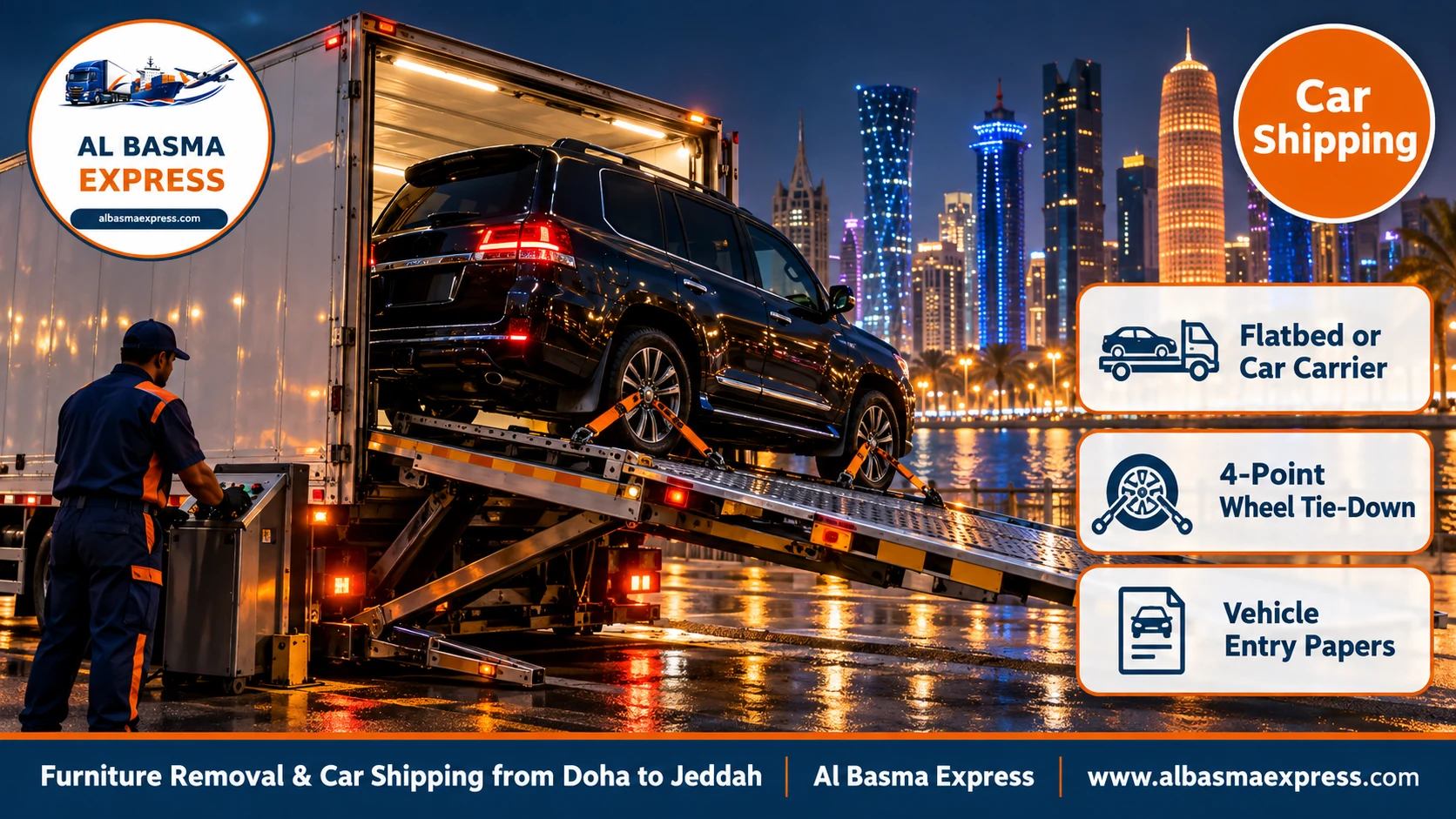 An SUV being raised onto an enclosed hydraulic flatbed at night near Doha towers