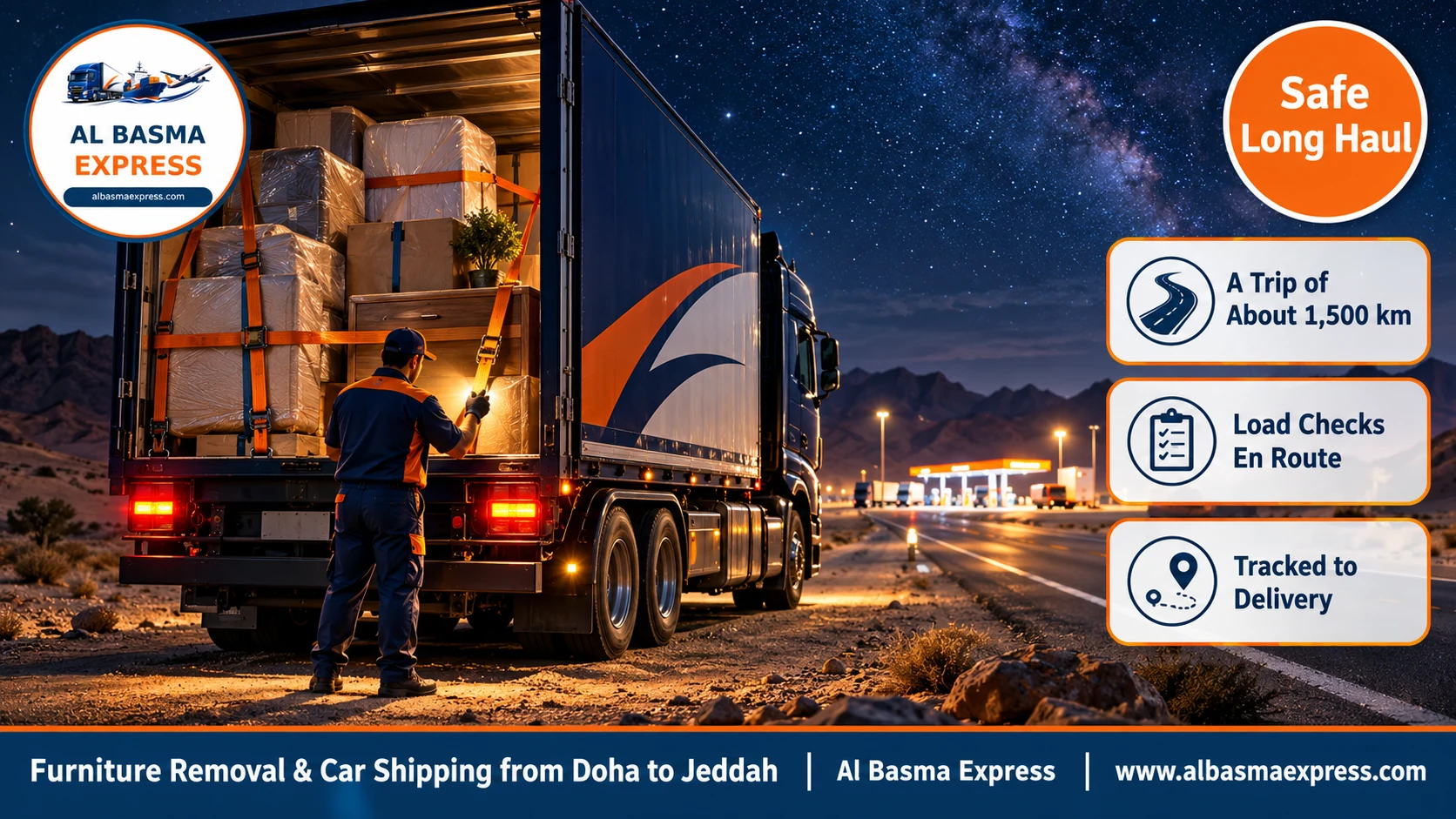 A driver checking load straps with a flashlight at a desert rest stop at night on the way from Doha to Jeddah