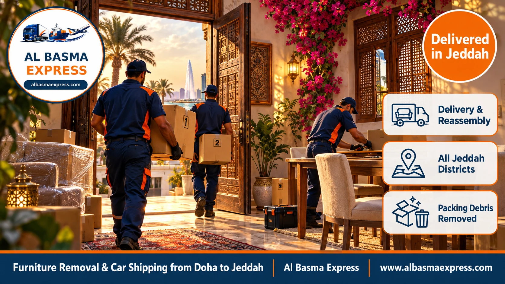 A crew carrying numbered boxes into a contemporary Hejazi-style home in Jeddah and assembling a dining table