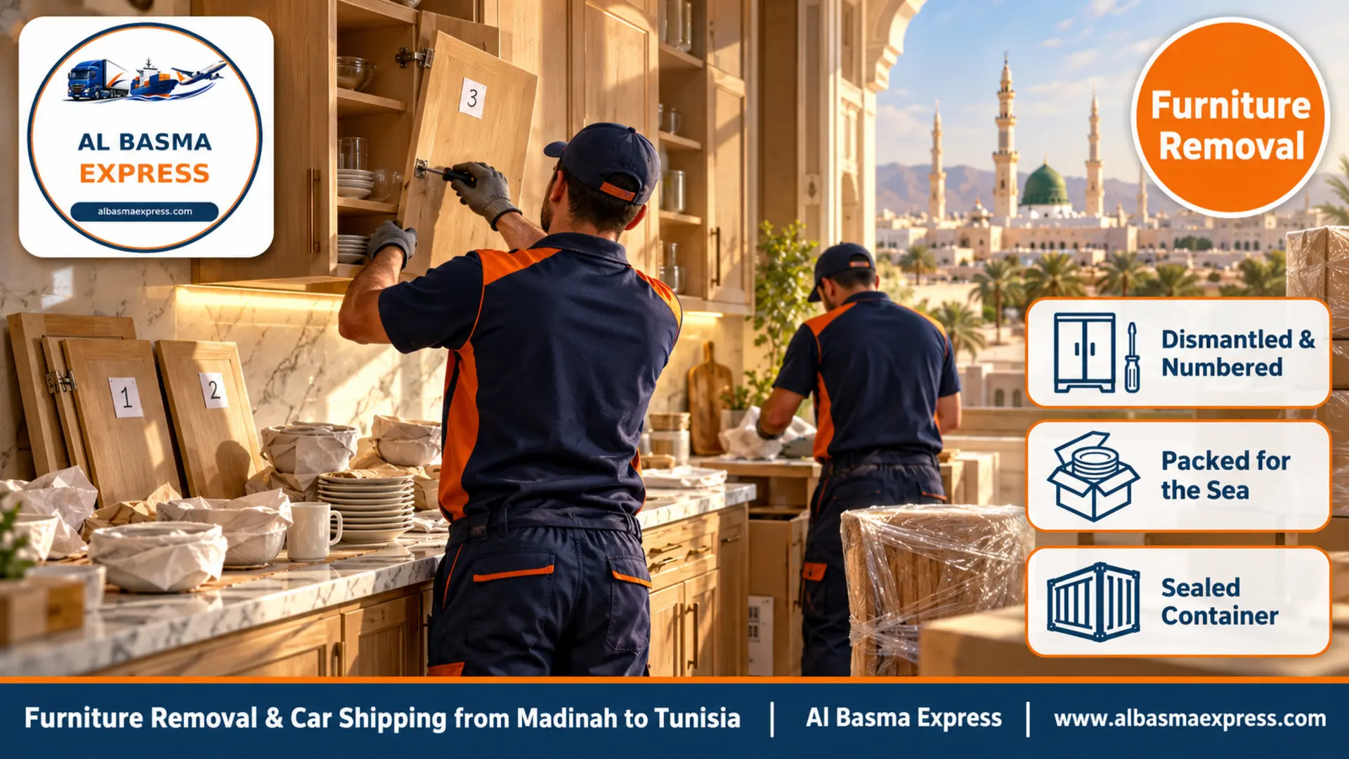 Two workers dismantling kitchen units and numbering their doors in a family home in Madinah, with crockery wrapped in paper on the marble counter