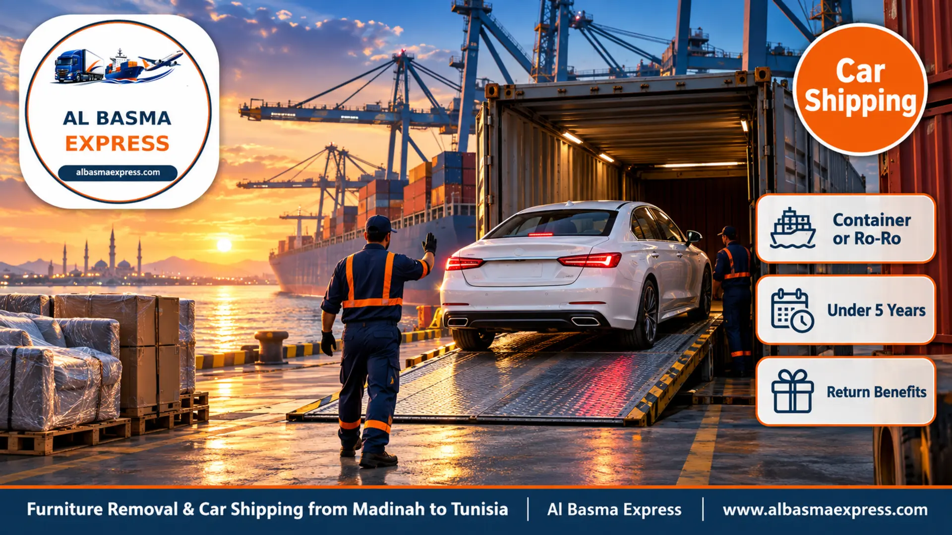 A modern white sedan being driven into a container on the quay of Yanbu commercial port at dawn with cranes behind