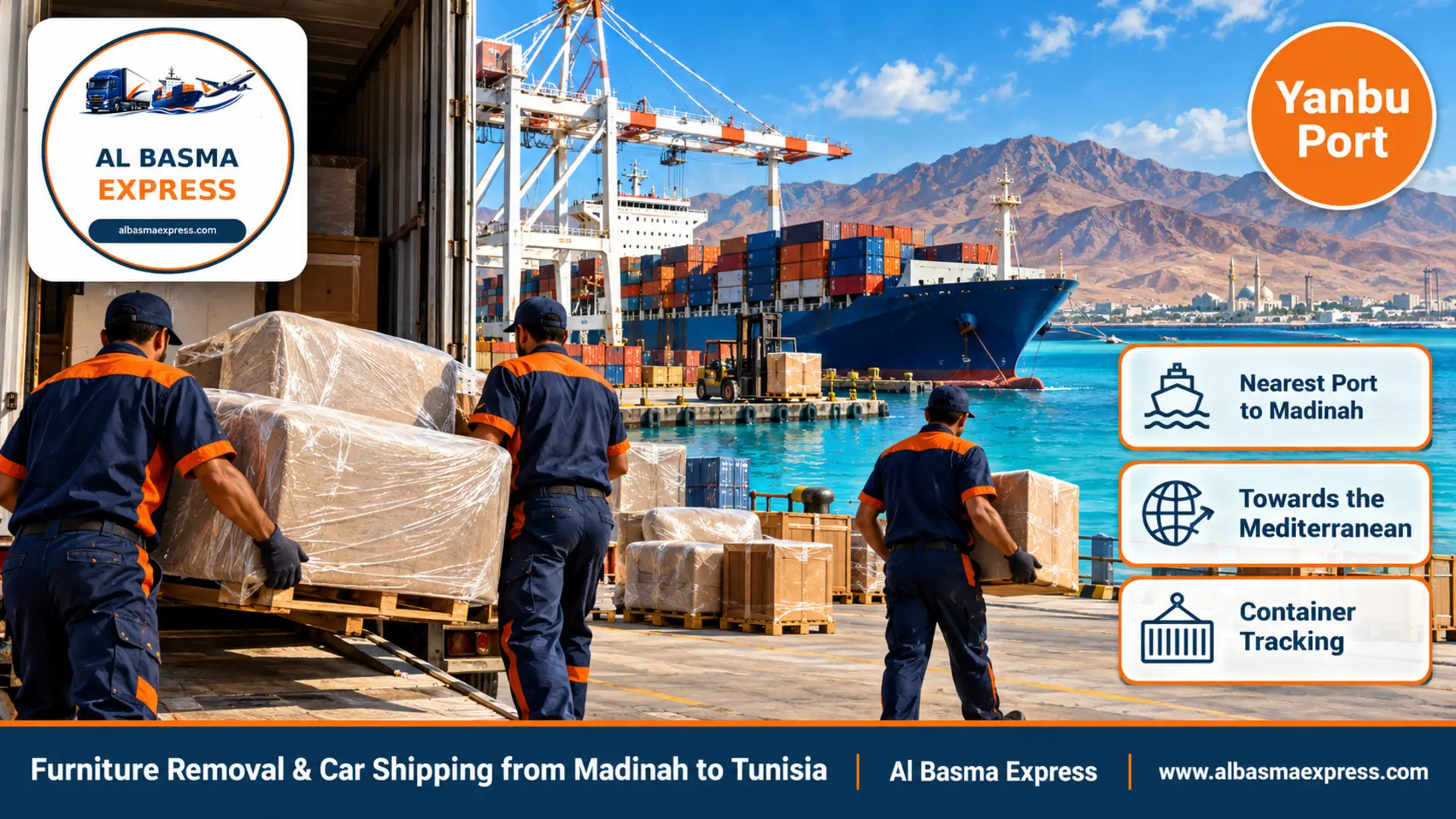 A Red Sea coast port with clear turquoise water, stacked containers, white cranes and brown mountains behind at midday