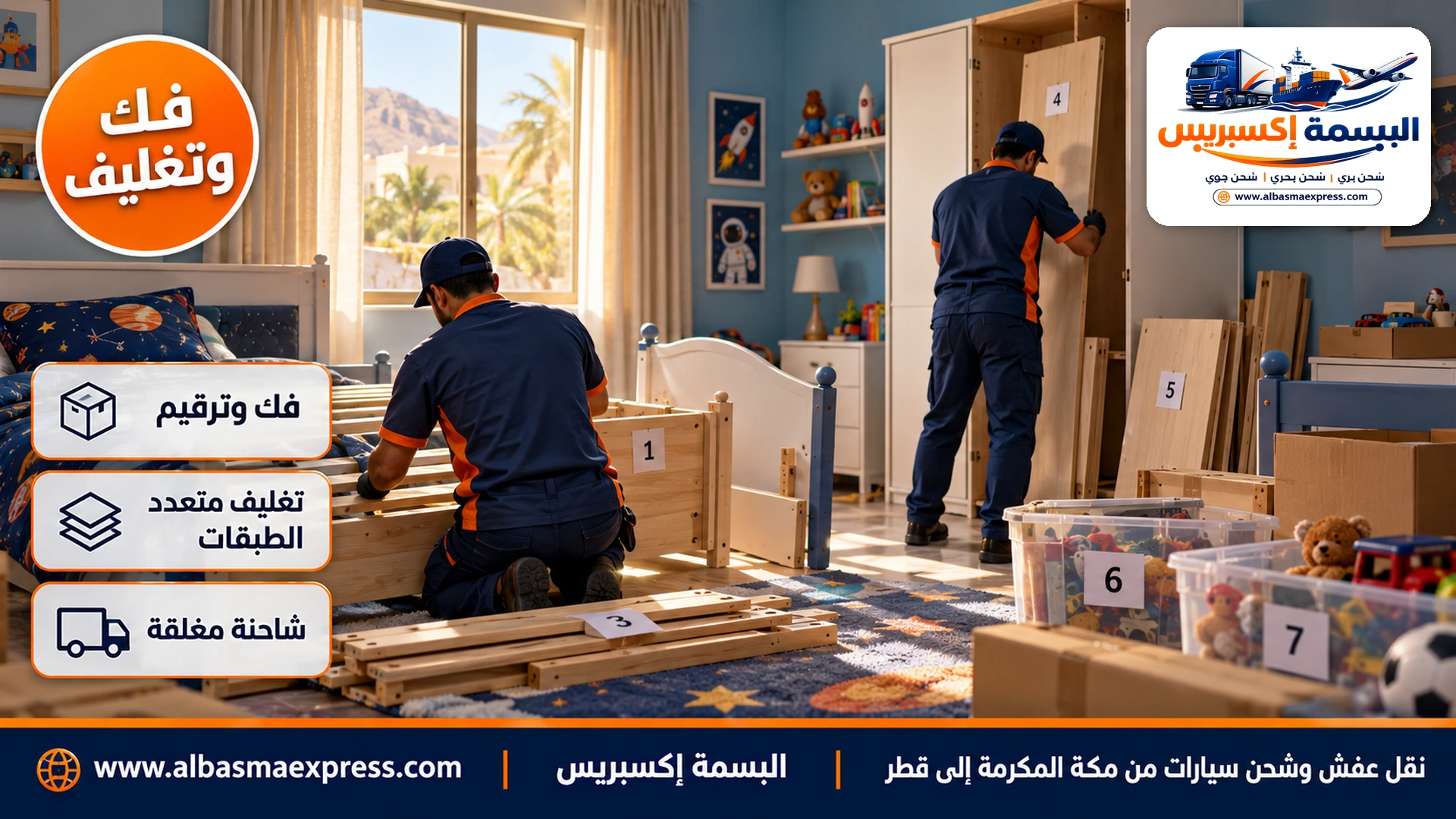 غرفة أطفال في فيلا بحي الشوقية بمكة وعاملان يفككان سريرين ودولاباً ويرقمان القطع وكراتين ألعاب مرقمة