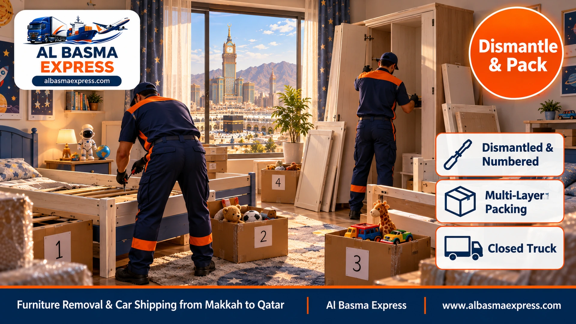 A children's bedroom in a villa in Makkah's Al-Shawqiyah district with two workers dismantling two beds and a wardrobe and numbering the parts, with numbered toy boxes