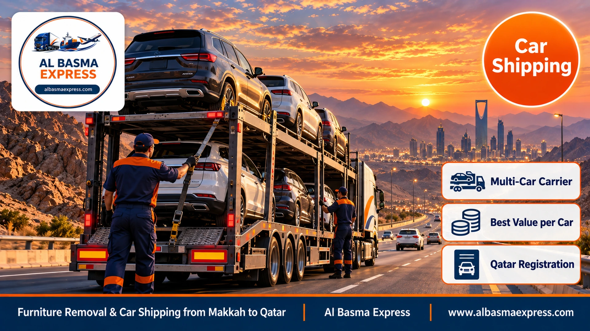 An open two-deck car carrier loaded with family cars on the Makkah–Riyadh highway at sunset with mountains on the horizon