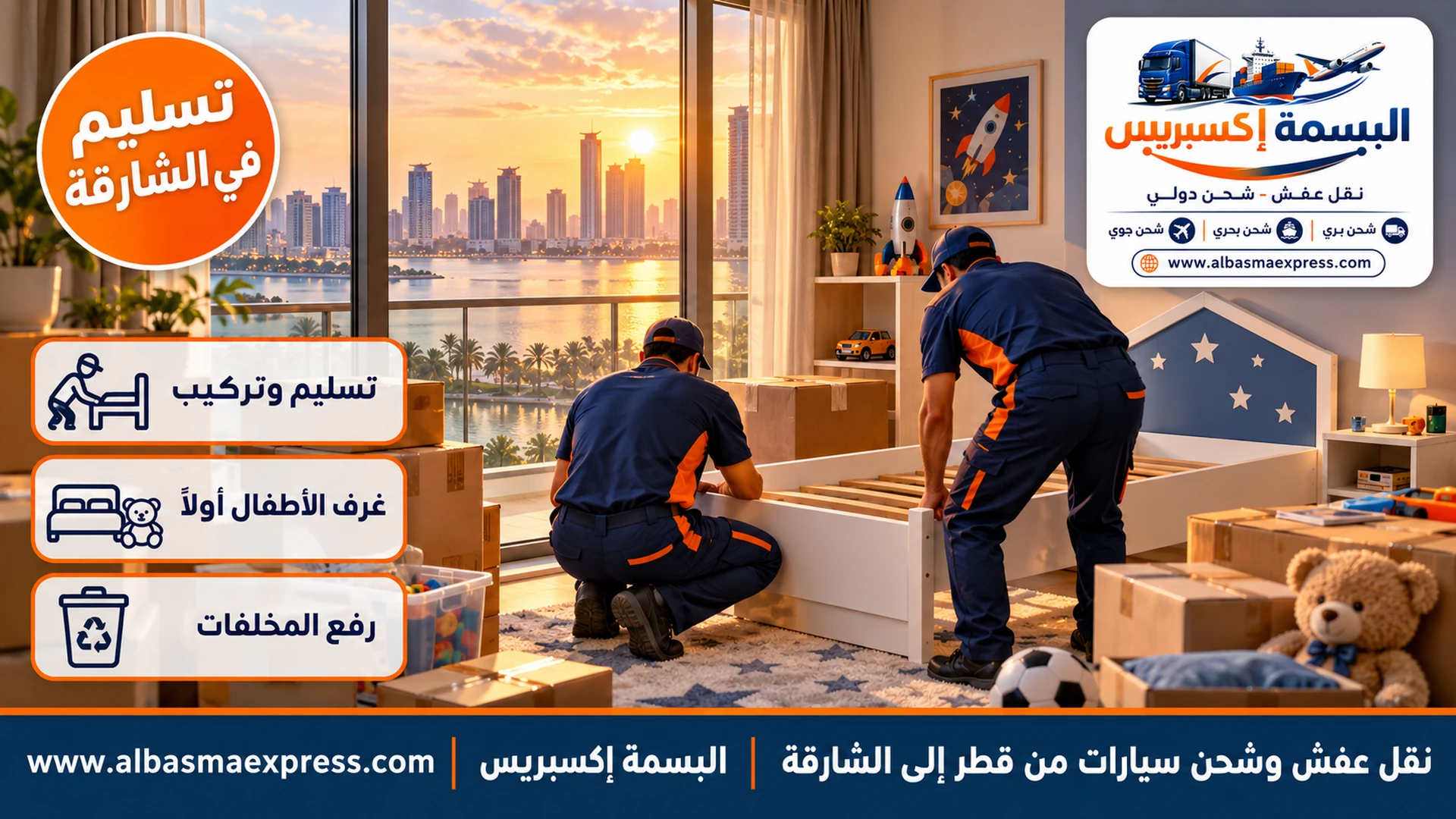 تركيب سرير في غرفة أطفال بشقة عائلية في برج سكني بالشارقة يطل على البحيرة