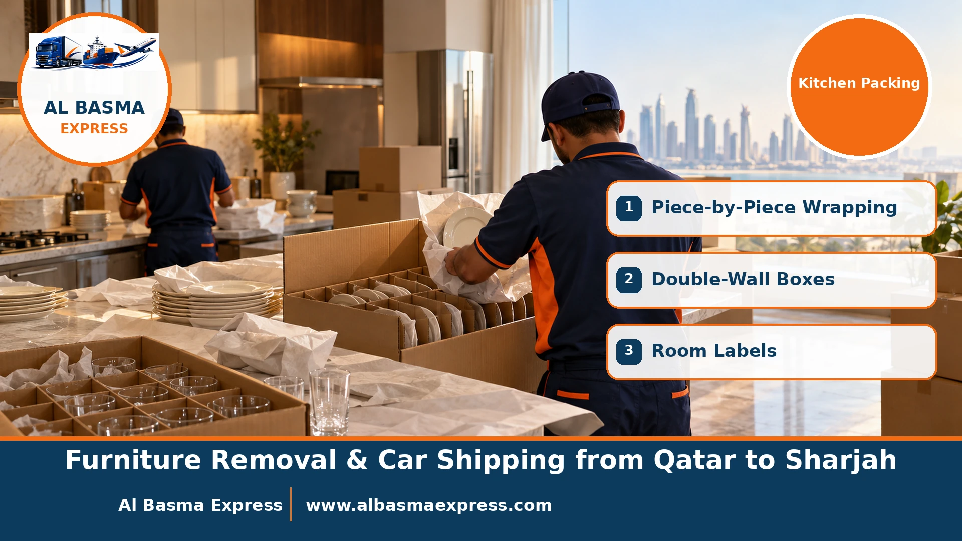 Wrapping plates one by one and standing them upright in a double-wall box in a family kitchen in Qatar before moving to Sharjah
