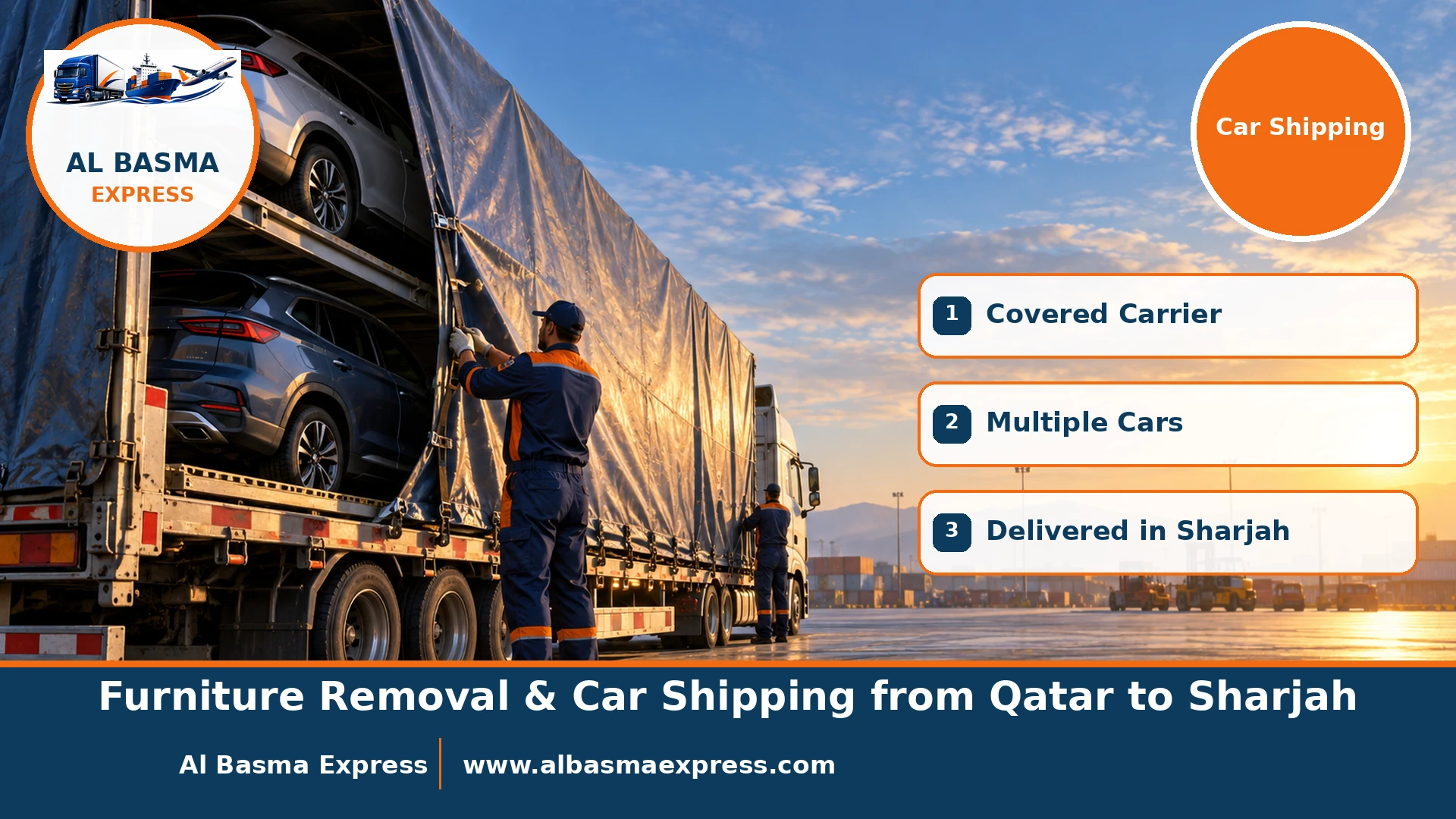 Two family cars on a covered car carrier in a loading yard ready to ship from Qatar to Sharjah
