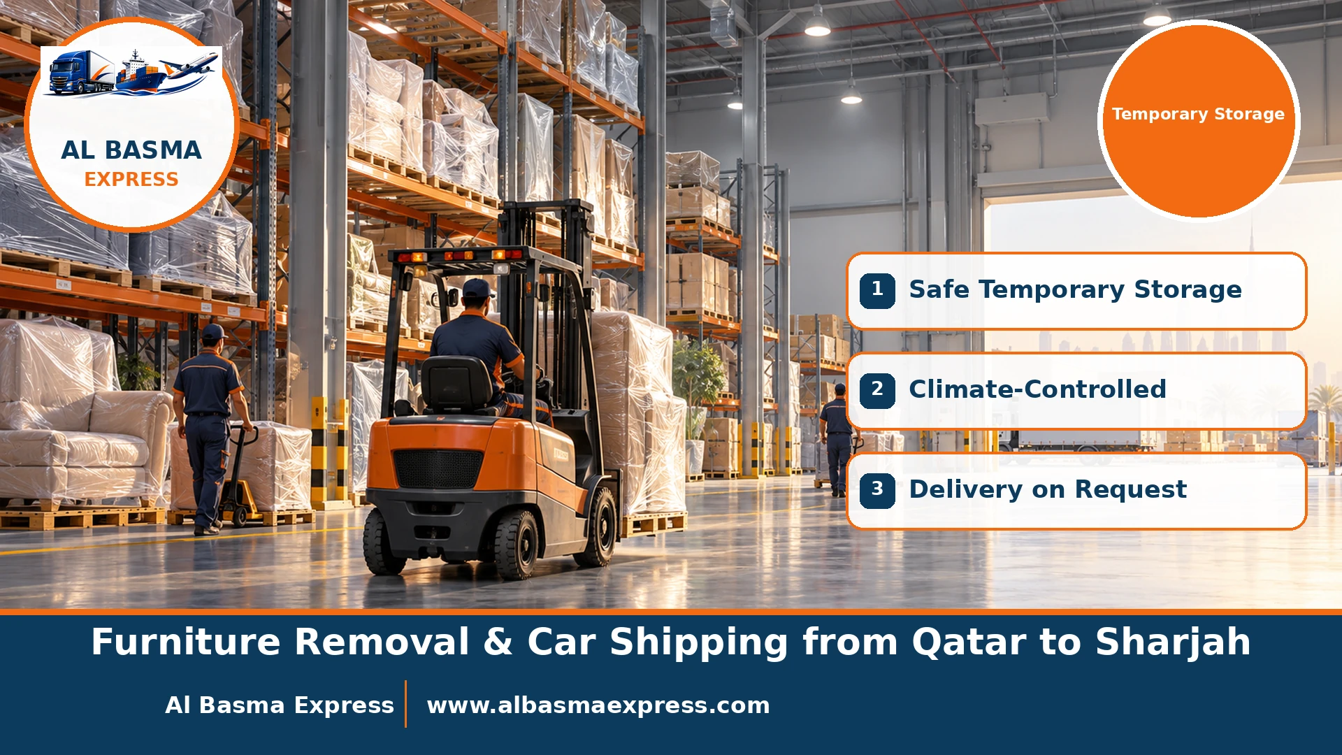 A modern air-conditioned warehouse in a UAE industrial area with wrapped furniture pallets ready for delivery in Sharjah