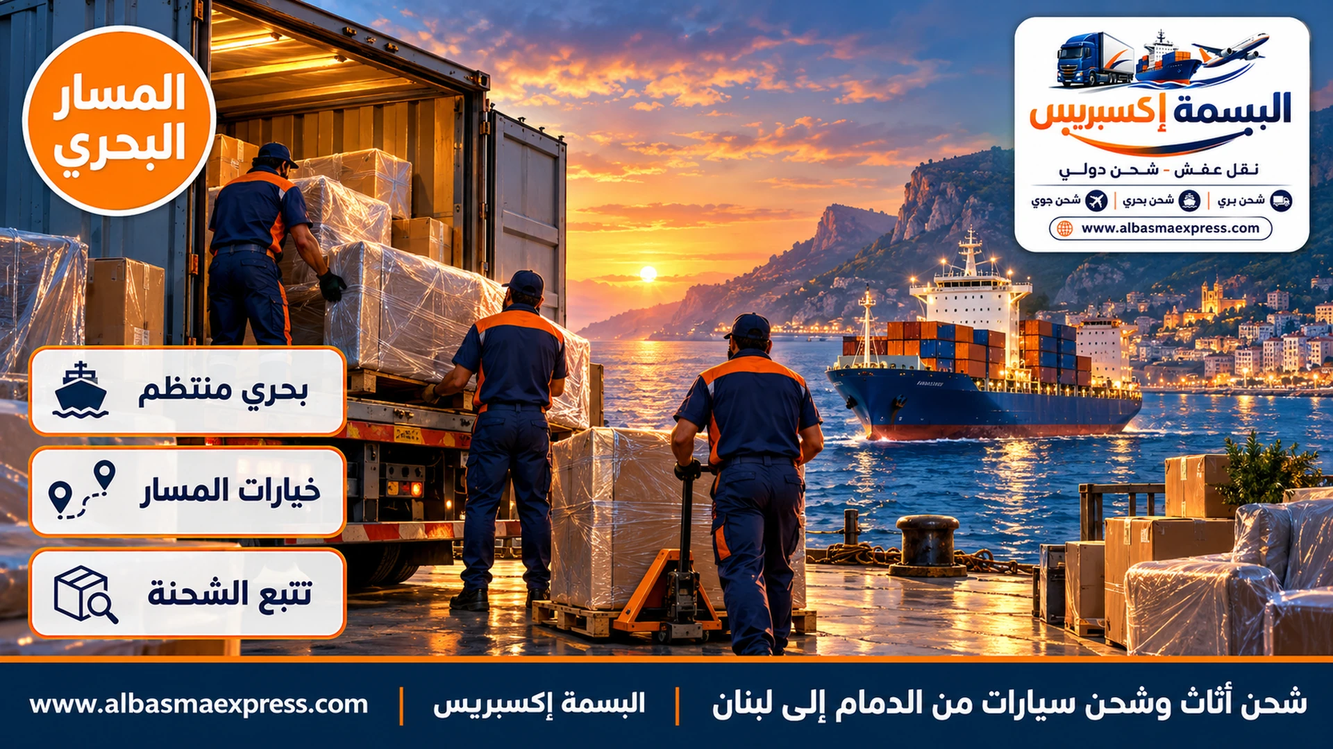 سفينة شحن تقترب من ساحل جبلي أخضر بمدينة متدرجة عند الغسق وأضواء المدينة تضيء