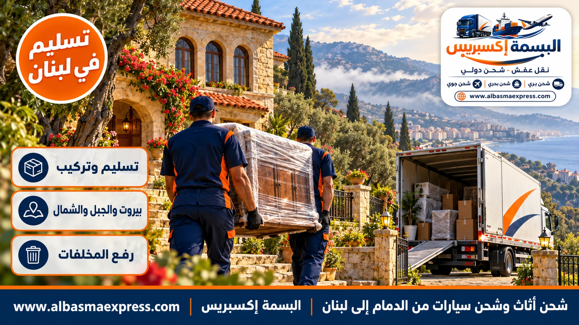 بيت لبناني تقليدي بقرميد أحمر ونوافذ مقوسة ثلاثية على سفح جبل أخضر وعاملان يحملان بوفيه مغلفاً عبر حديقة