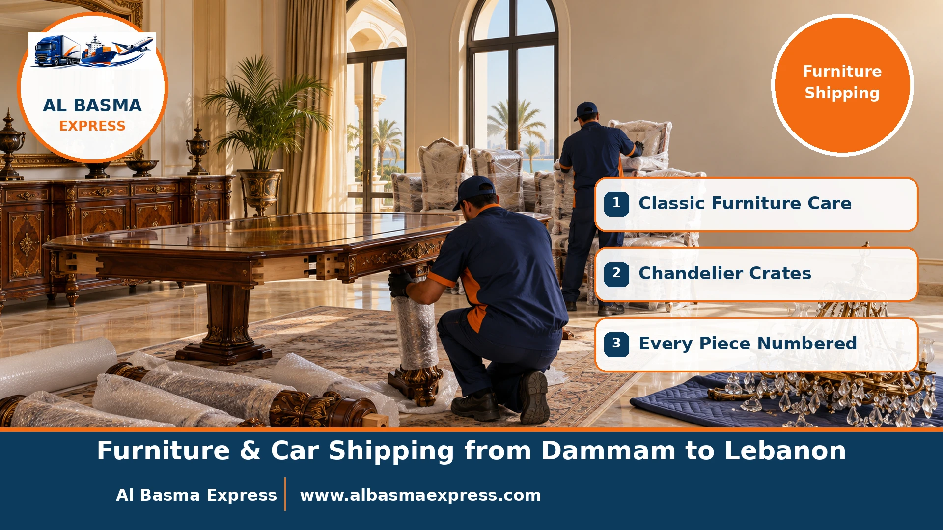 Removing and wrapping the legs of a carved wooden dining table with wrapped chairs and a dismantled chandelier on a cloth in a Dammam villa dining room